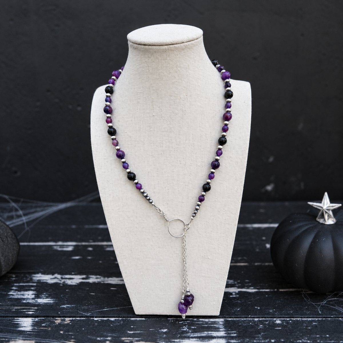 Black Onyx, Purple Galaxy, and Amethyst Skull Pull-Through Lariat — 19"