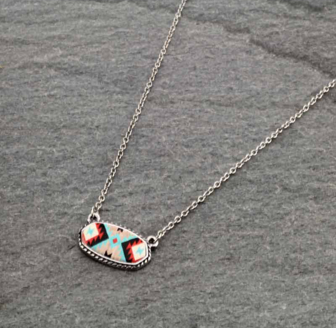 Dainty Aztec Oval Necklace- Sky