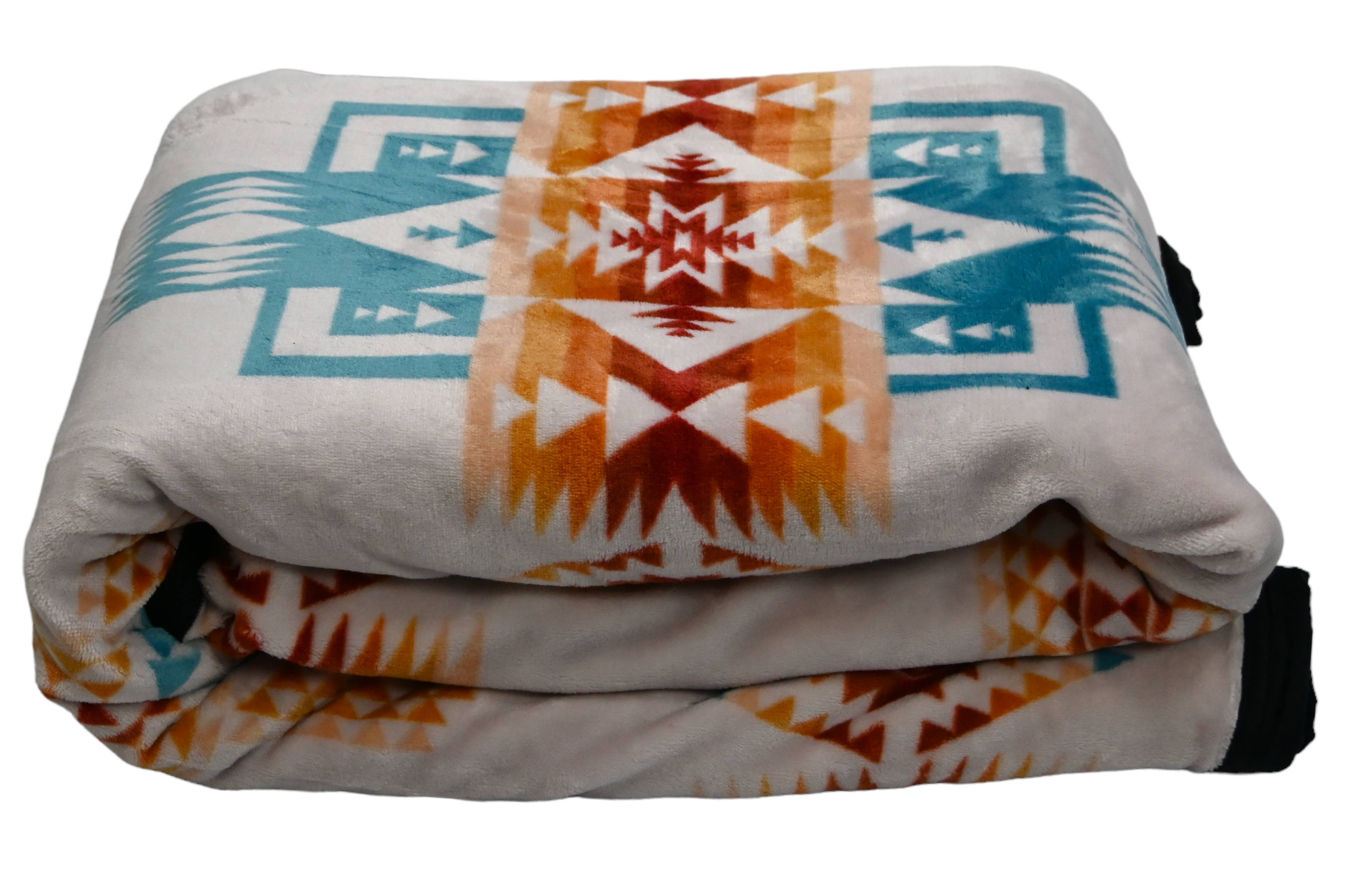 Plush Rock-Star Blanket Full Size Throw- Cream Turquoise