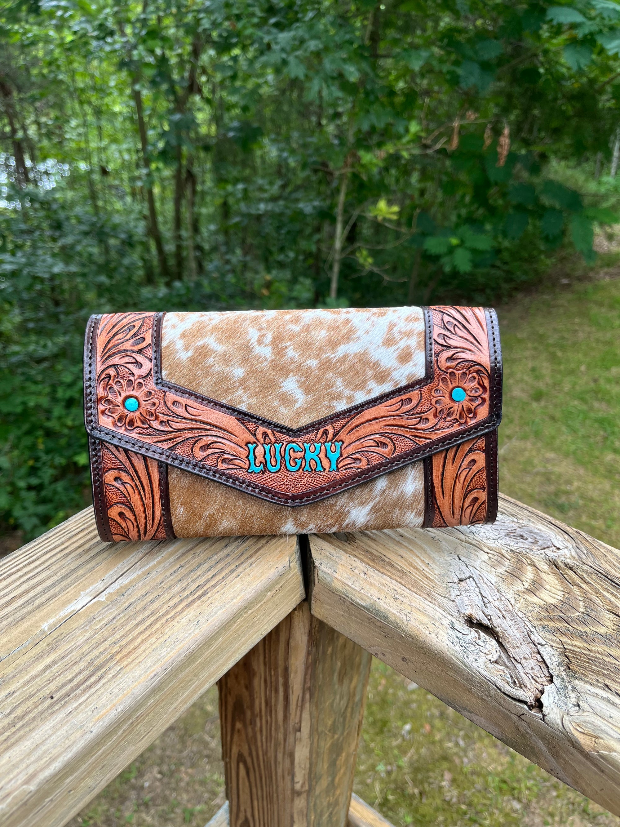 Lucky Turquoise Tooled Leather & Hair on Hide Large Wallet