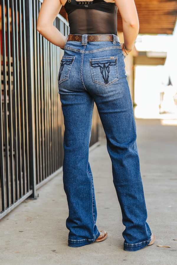 Longhorn Dark Wash Denim Embroidered Flare Jeans- Regular & Plus