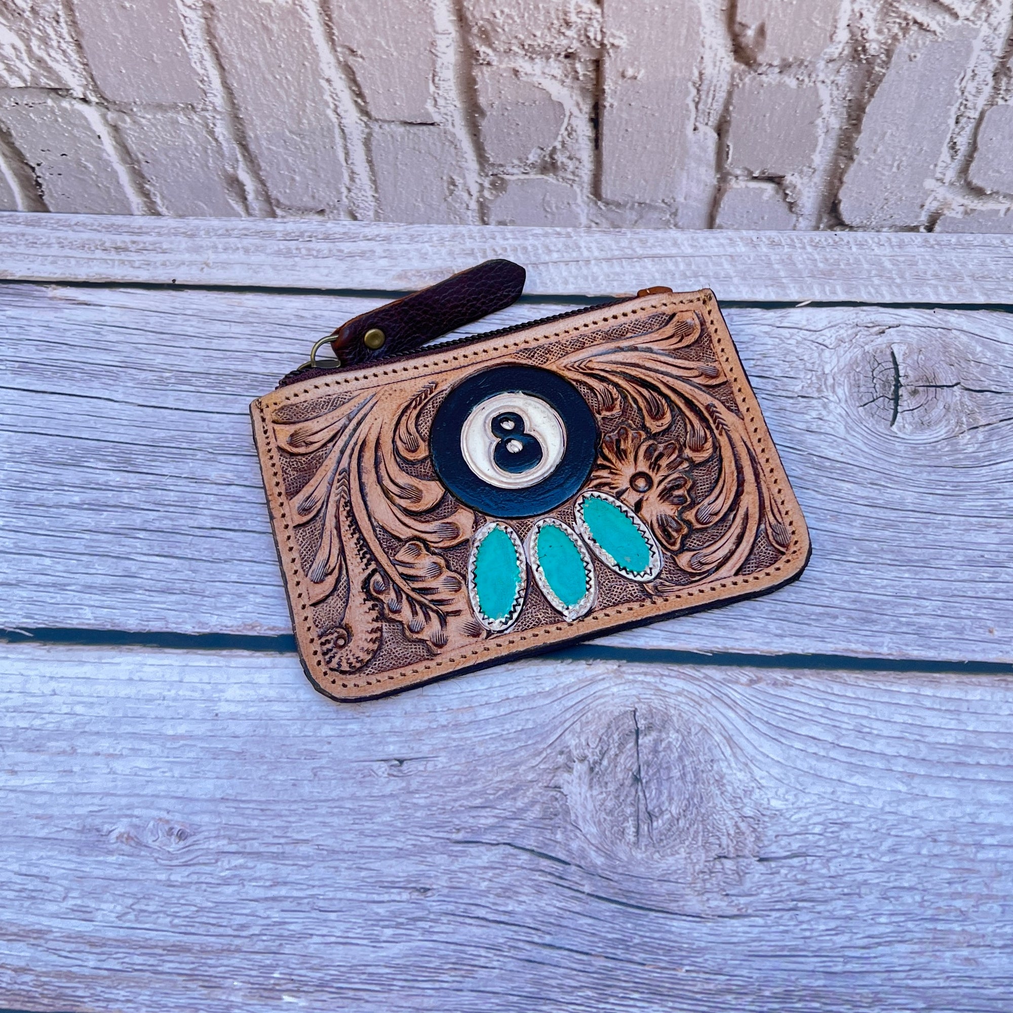 8 Ball Tooled & Cowhide Coin Pouch