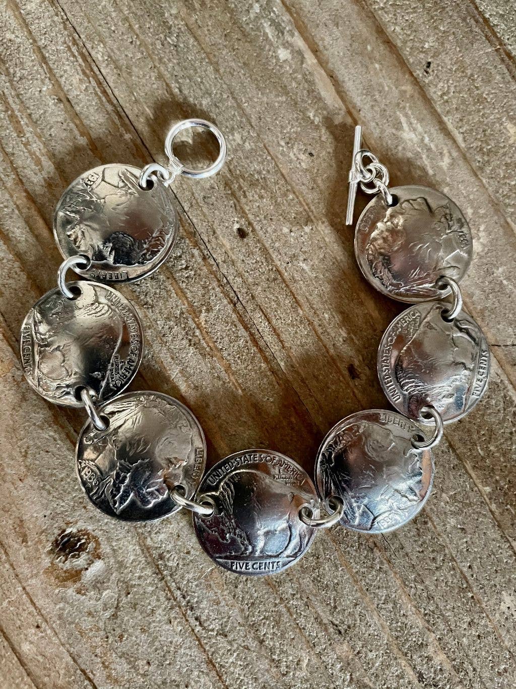 Sterling & Domed Indian Heads & Tails Nickel Bracelet