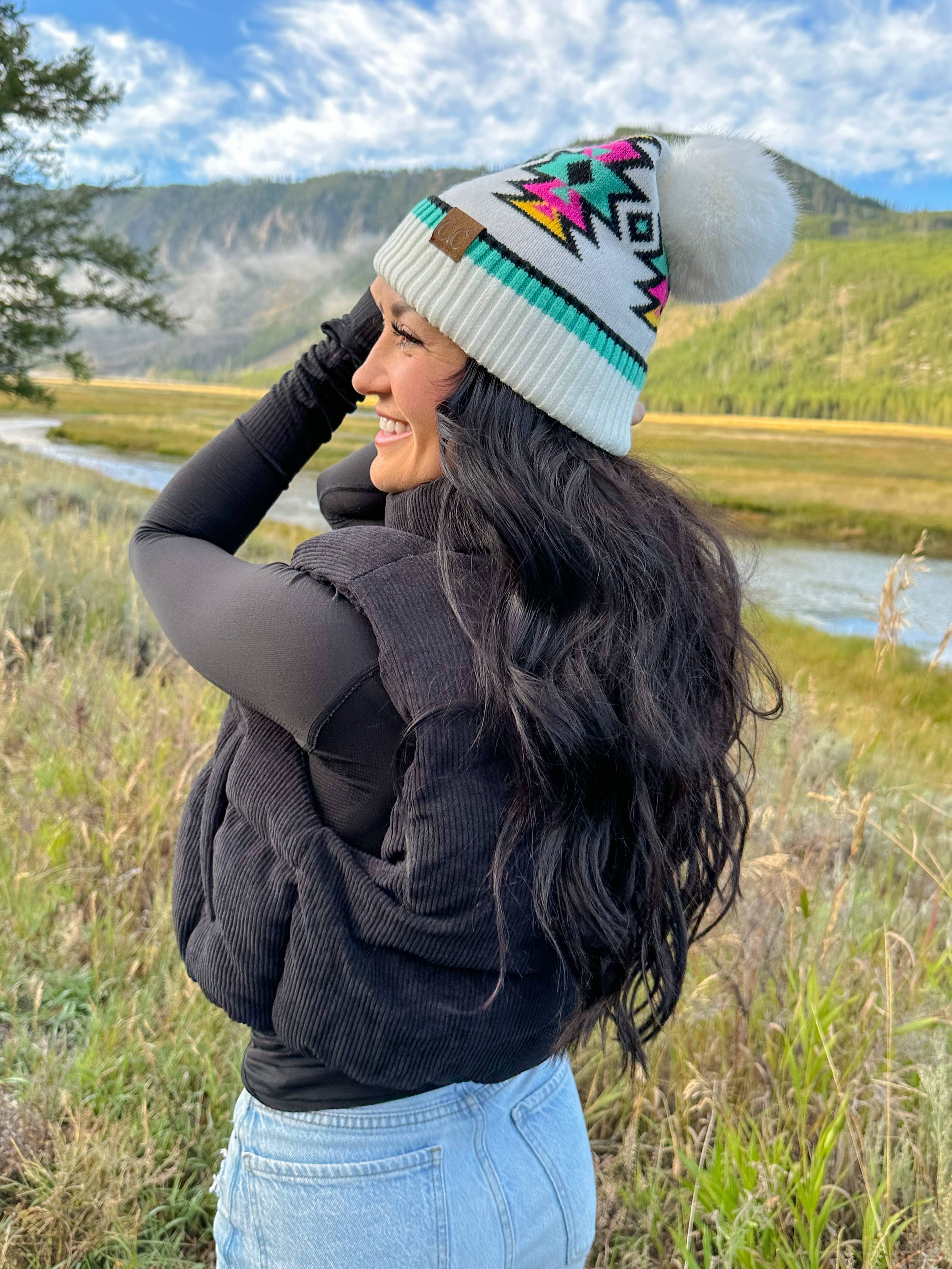 Southwestern Faux Fur Pom C.C Beanie