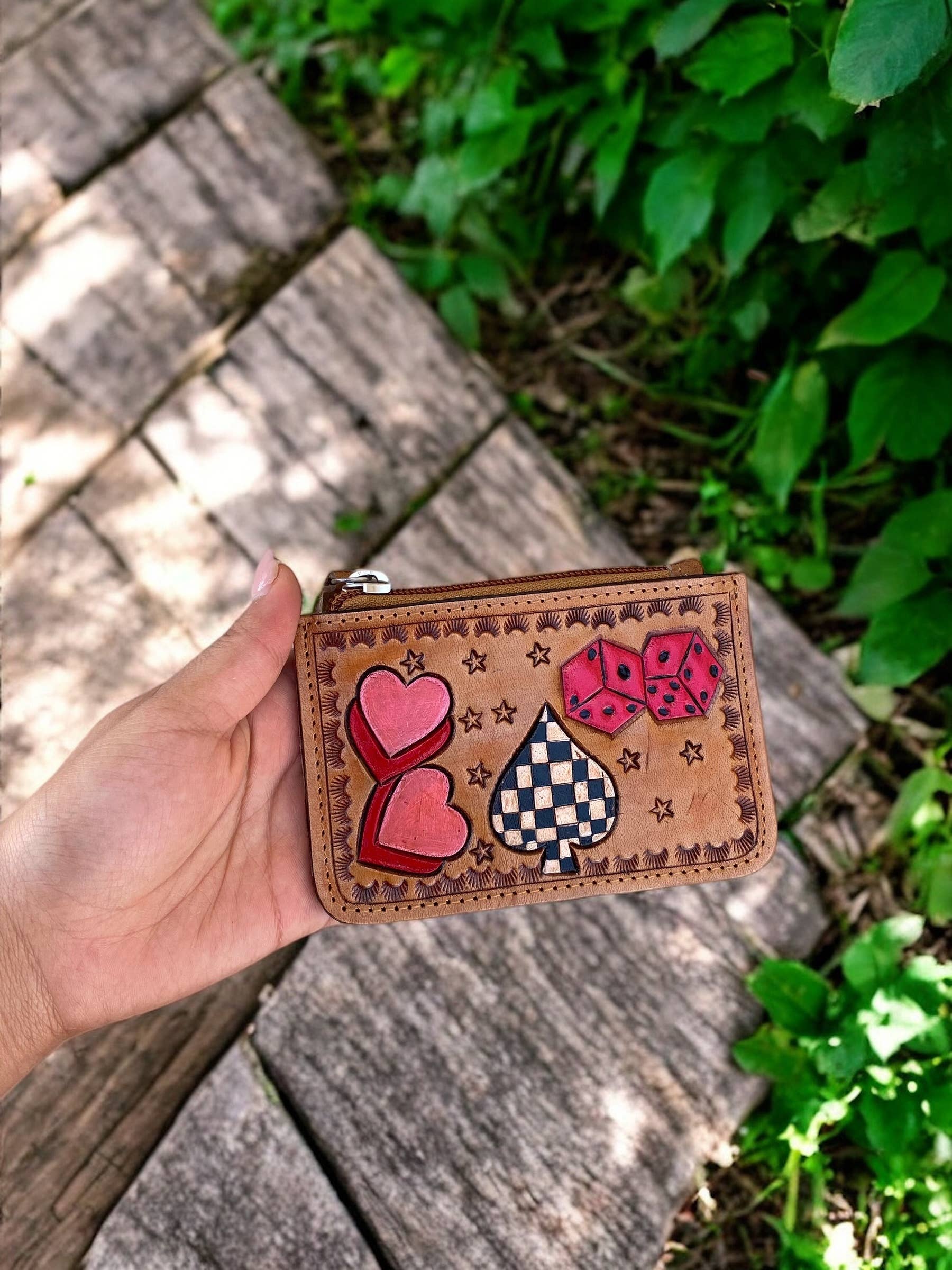 Ace & Hearts Tooled Leather & Cowhide Coin Pouch