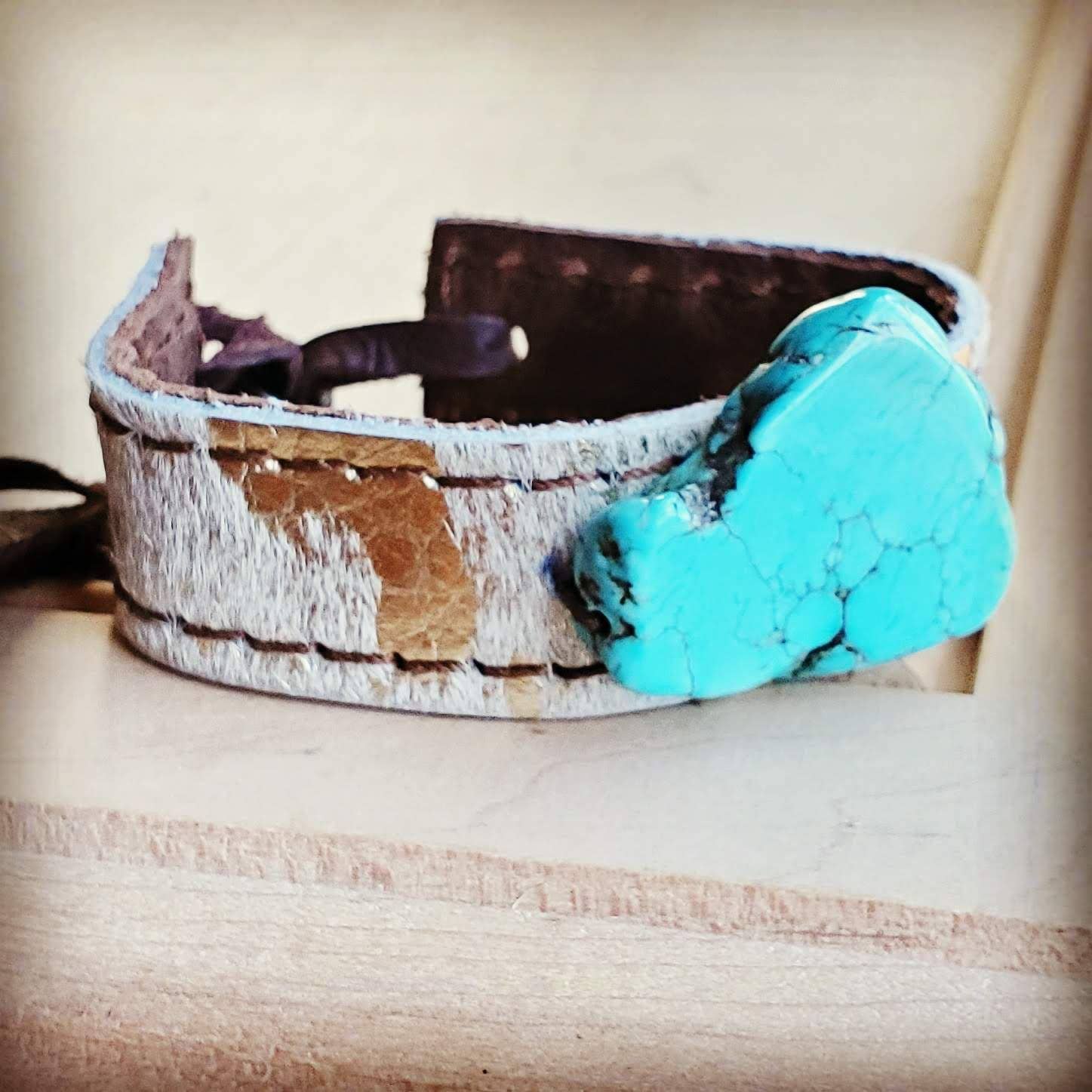 The Goldie H. - Narrow Genuine Leather Cuff w/ Turquoise Slab