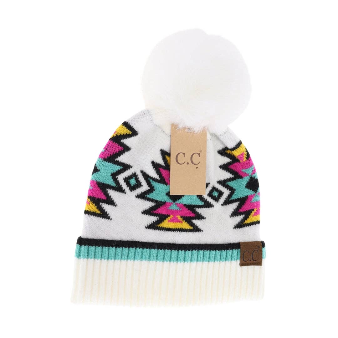 Southwestern Faux Fur Pom C.C Beanie