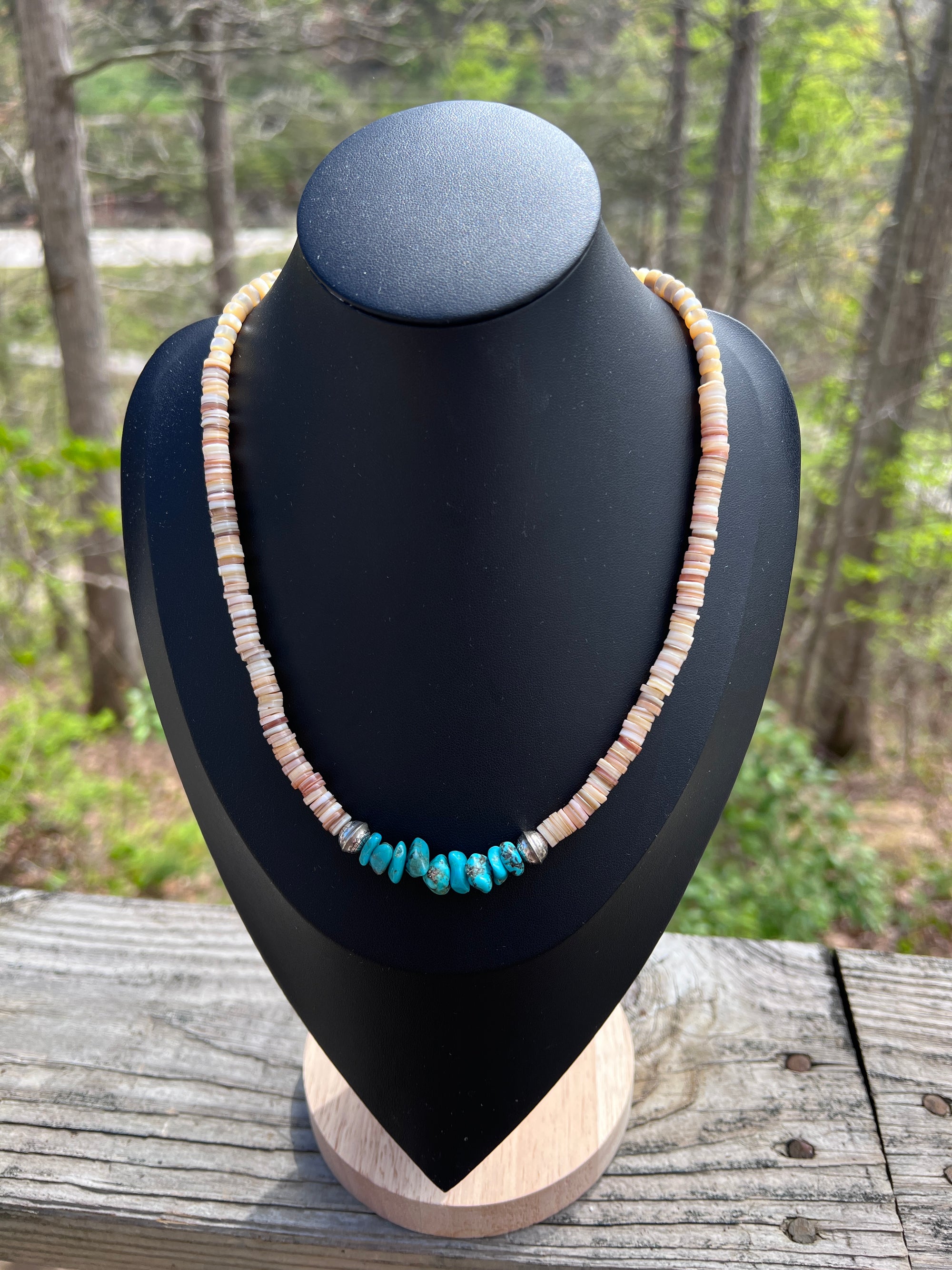 Native American Handmade Shell Heishi, Turquoise, And Bench Bead Necklace