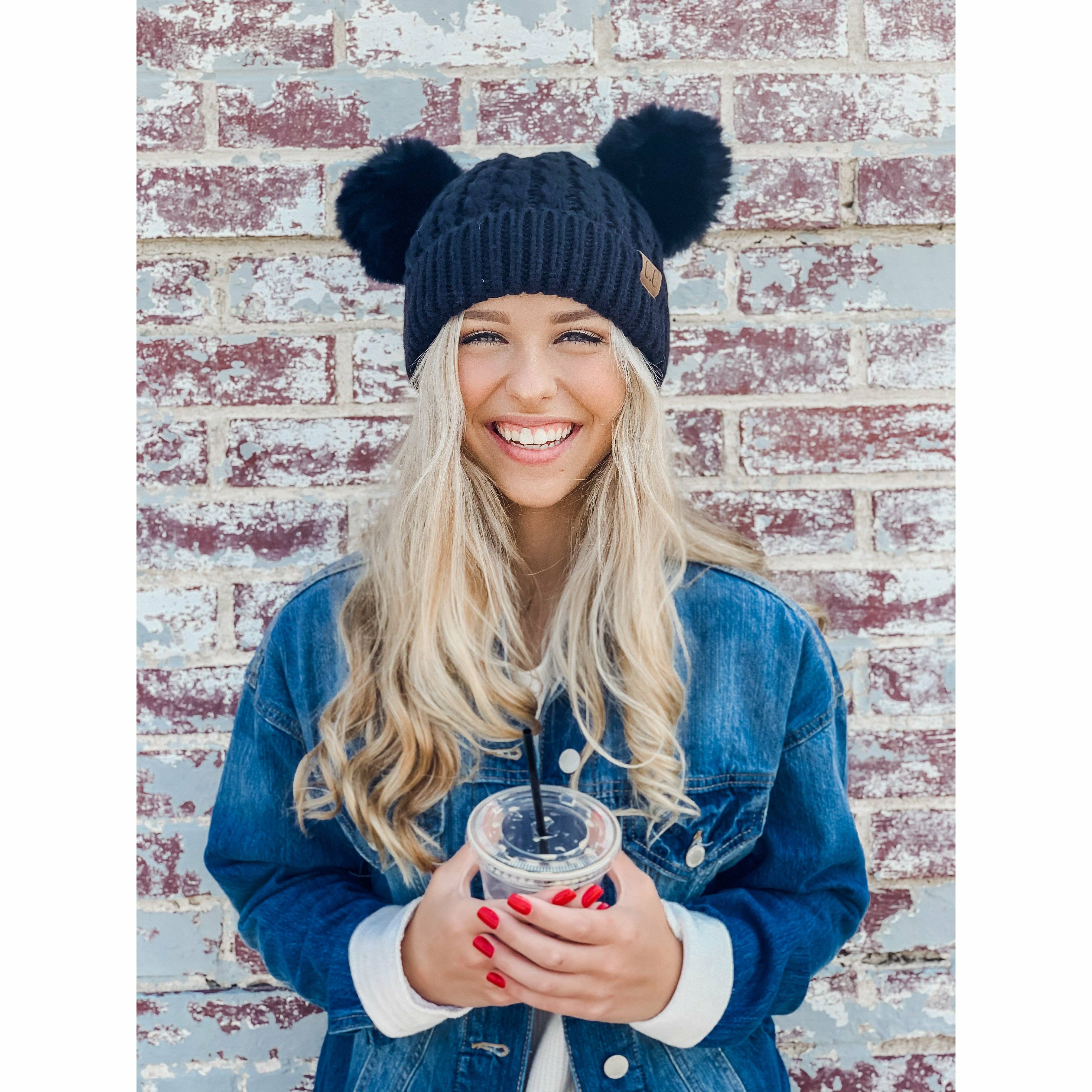 Cable Knit Double Matching Pom Beanie - Choice of Colors