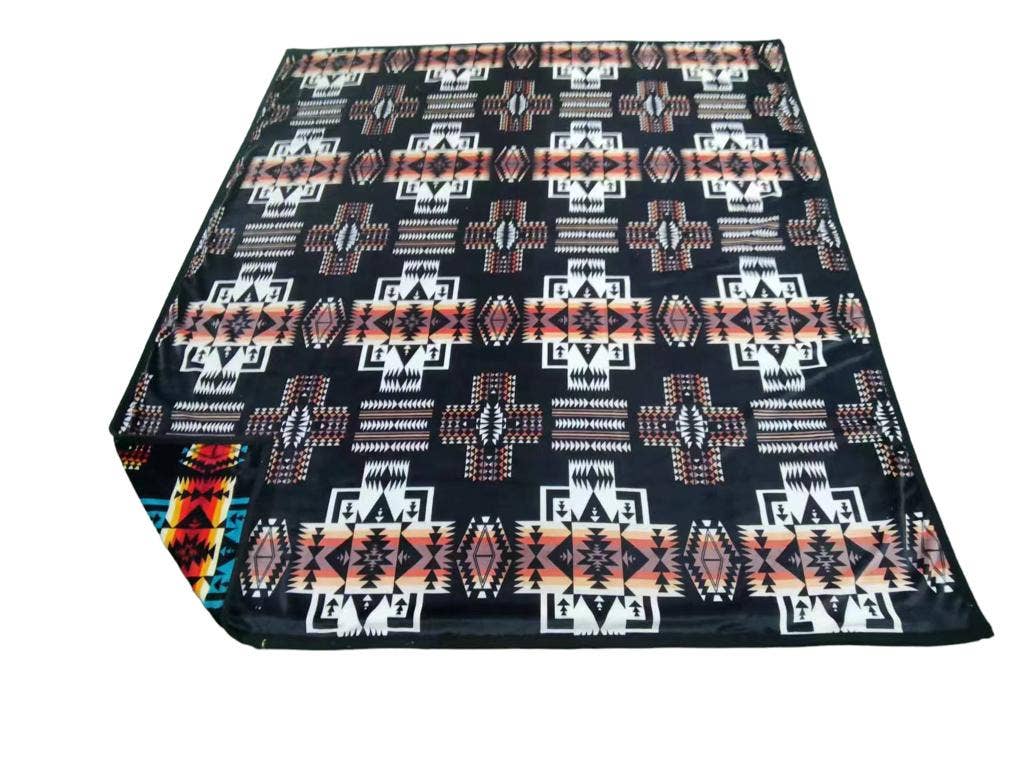 Ultra Deluxe Plush Aztec Design King Size Blanket- Black to Rainbow