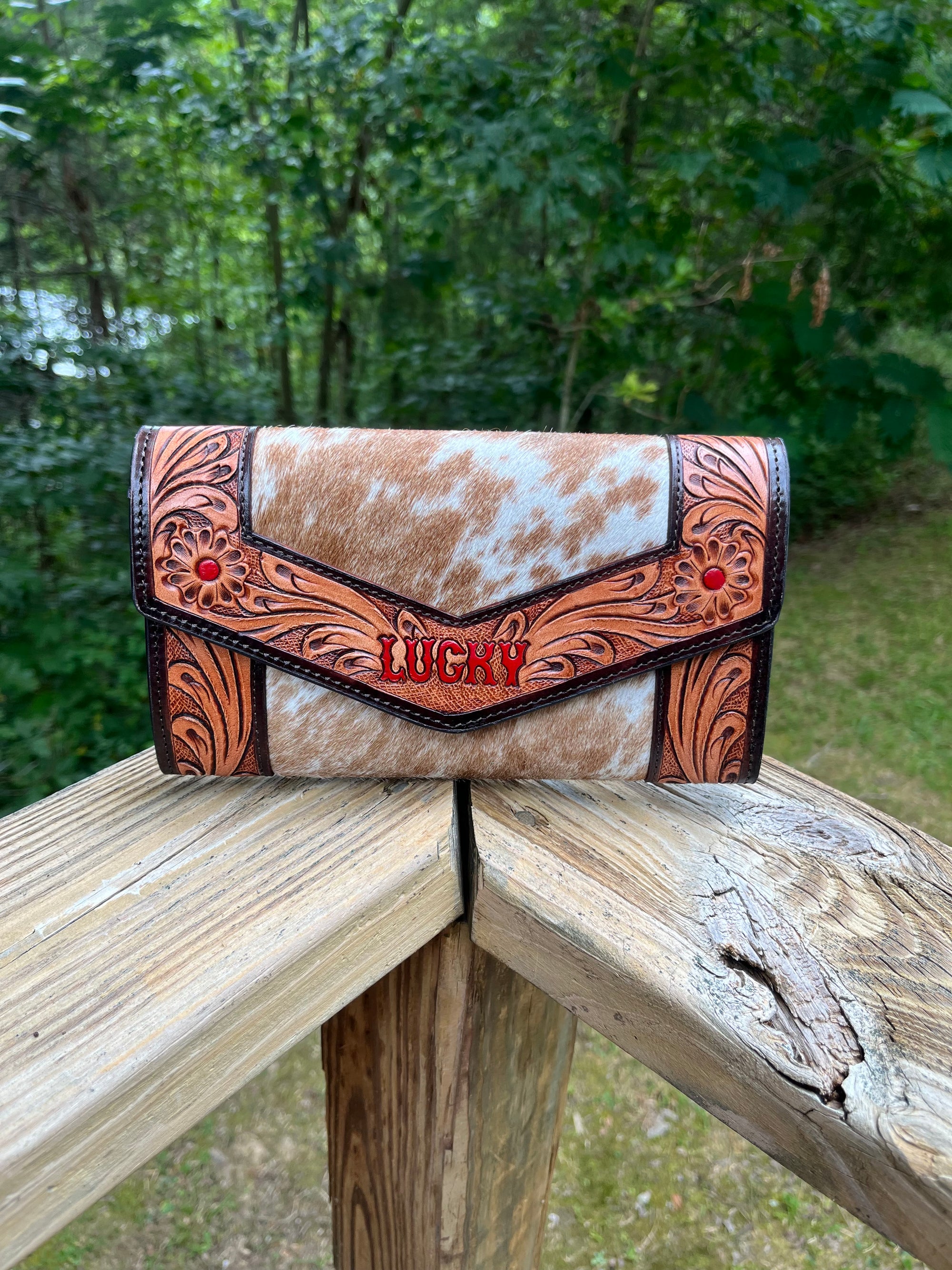 Lucky Rojo Tooled Leather & Hair on Hide Large Wallet