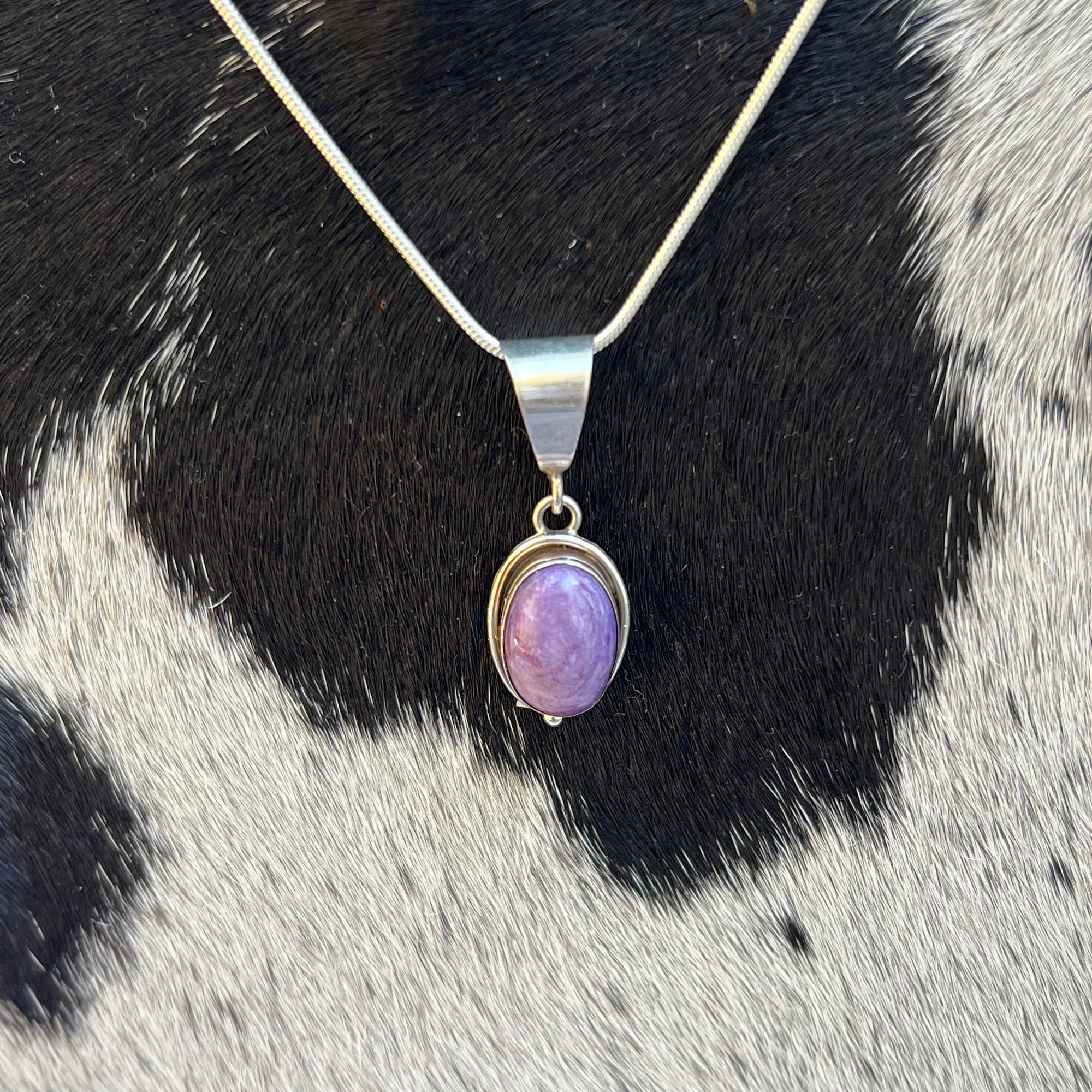 Peggy Skeets Charoite Pendant on 20” Sterling Snake Chain