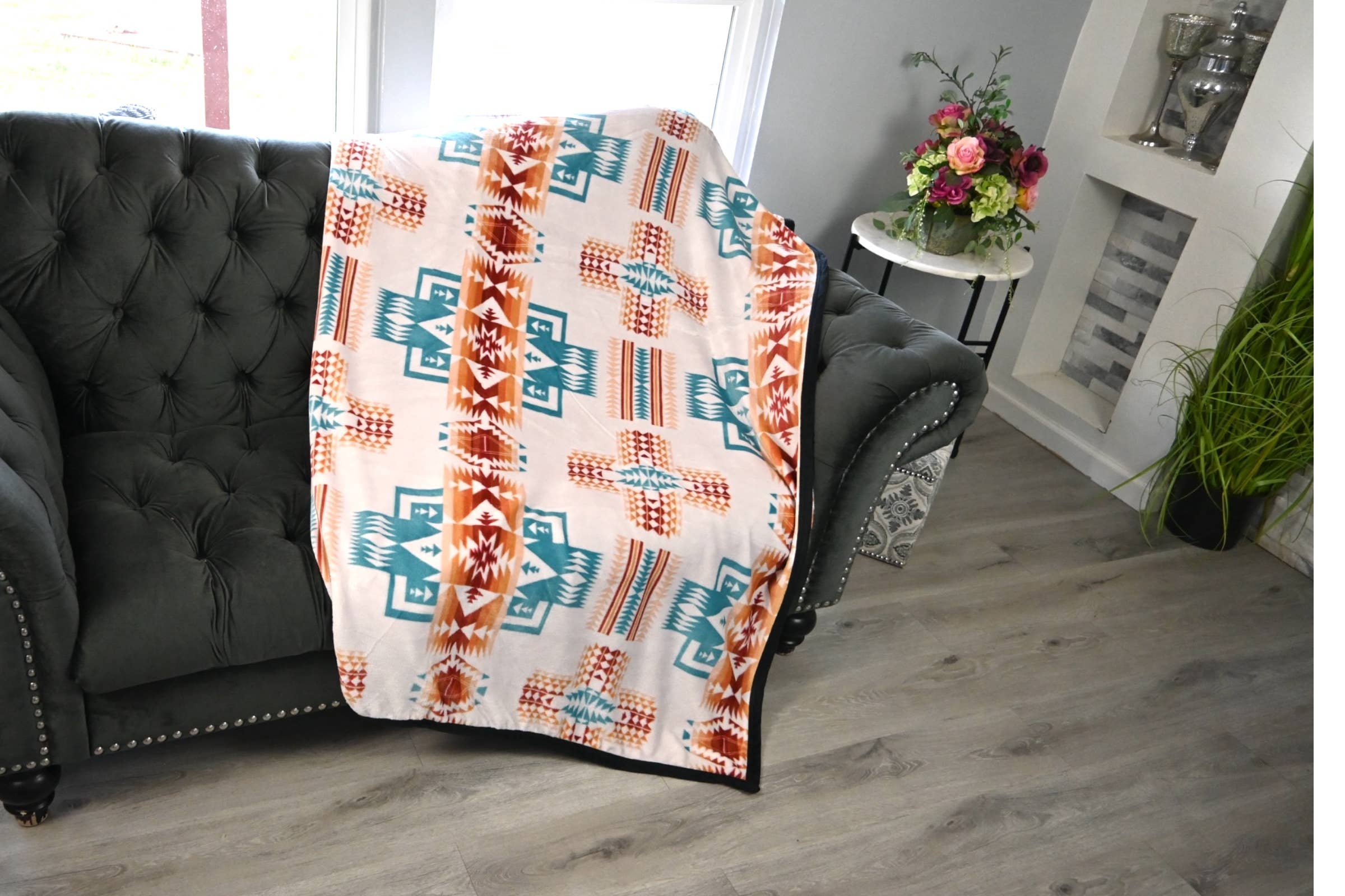 Plush Rock-Star Blanket Full Size Throw- Cream Turquoise