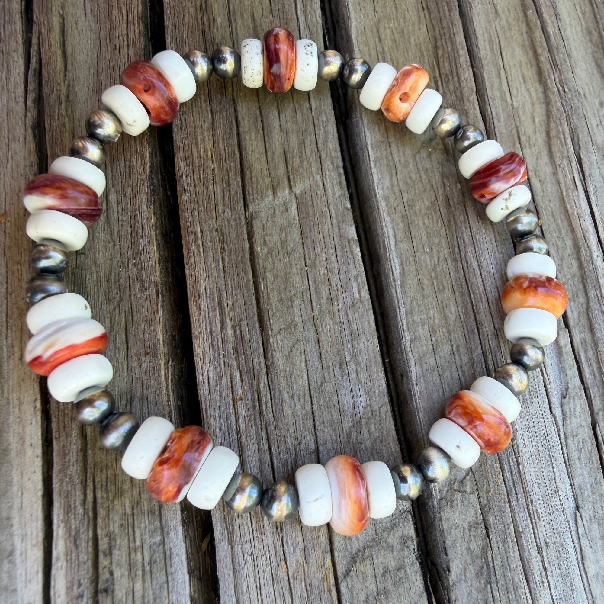 Orange Spiny, Howlite & 4mm Sterling Desert Pearl 6" Stretch Bracelet