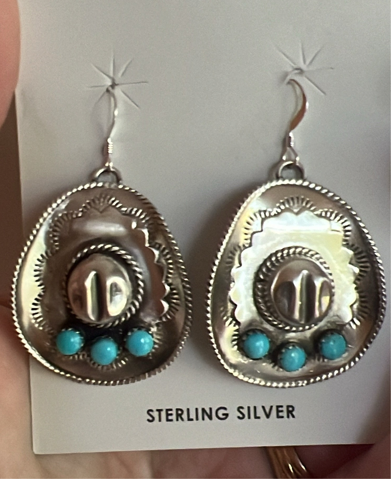 Navajo Handmade Kingman Turquoise Hat Earrings- Bobby Platero- Rare Hanging