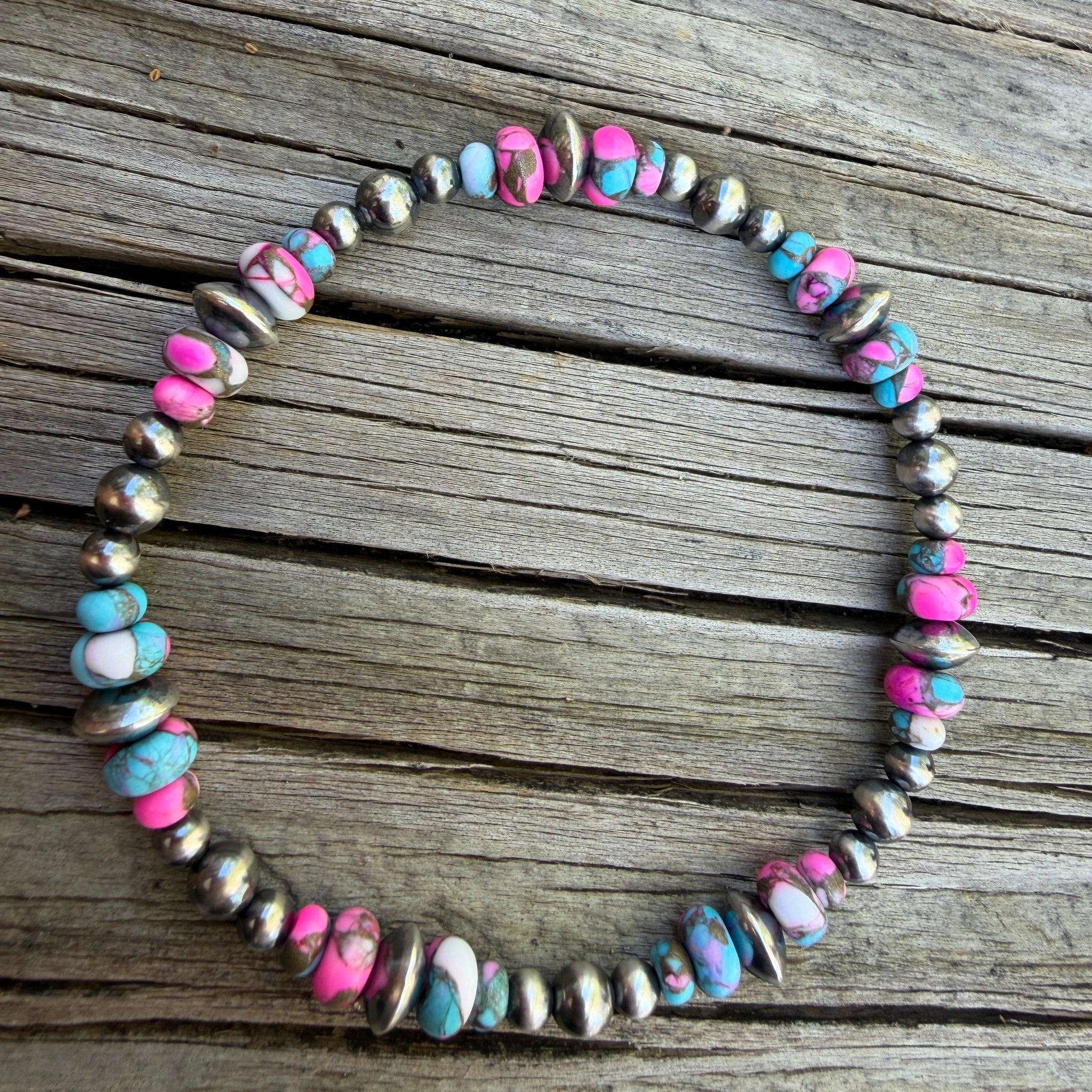 Cotton Candy & 4-7mm Sterling Desert Pearl & Saucer 7" Stretch Bracelet