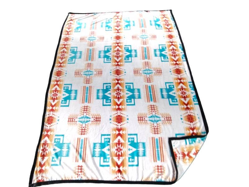 Plush Rock-Star Blanket Full Size Throw- Cream Turquoise