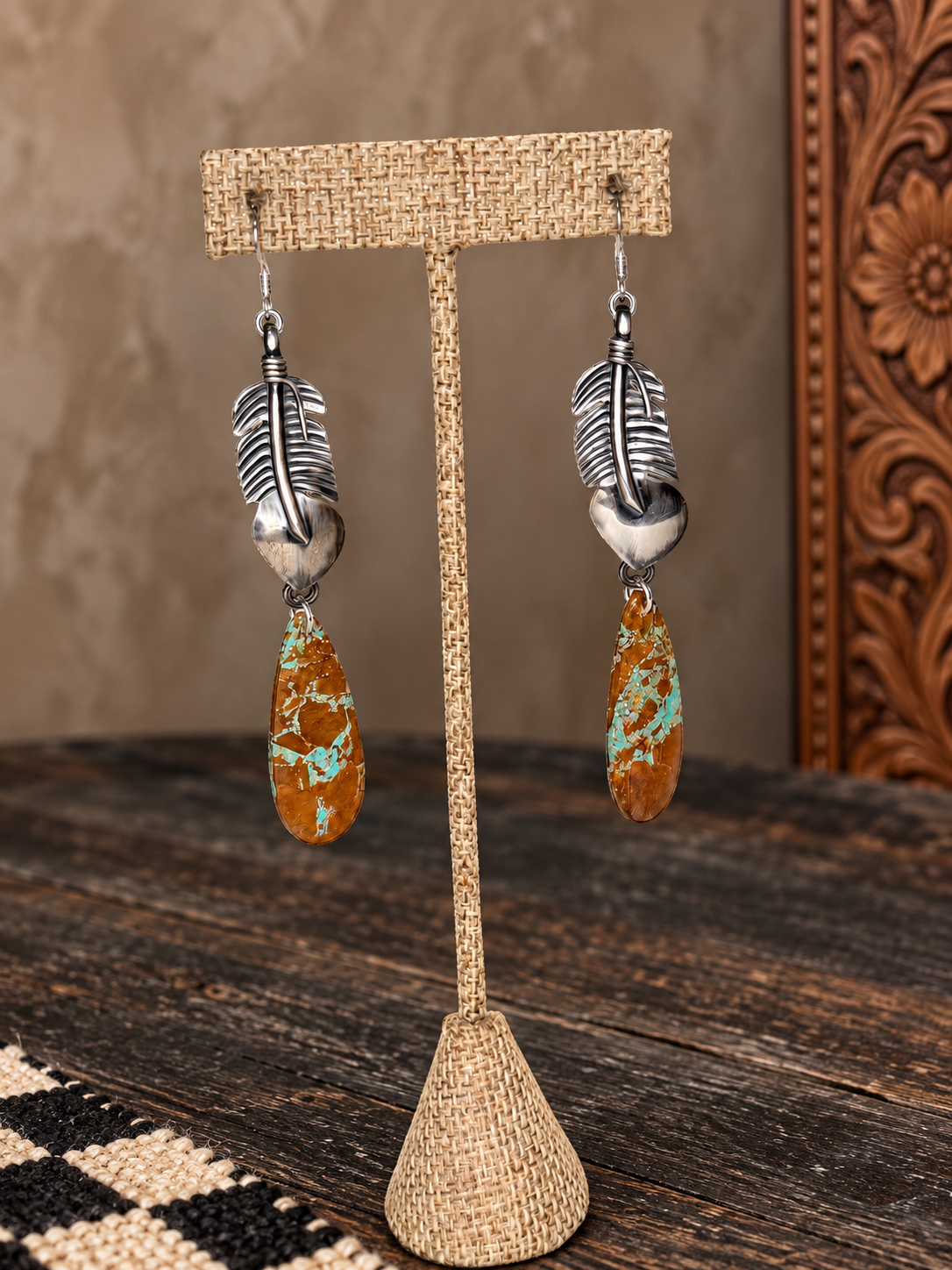XL Mine 8 Turquoise Slab & Sterling Feather Earrings