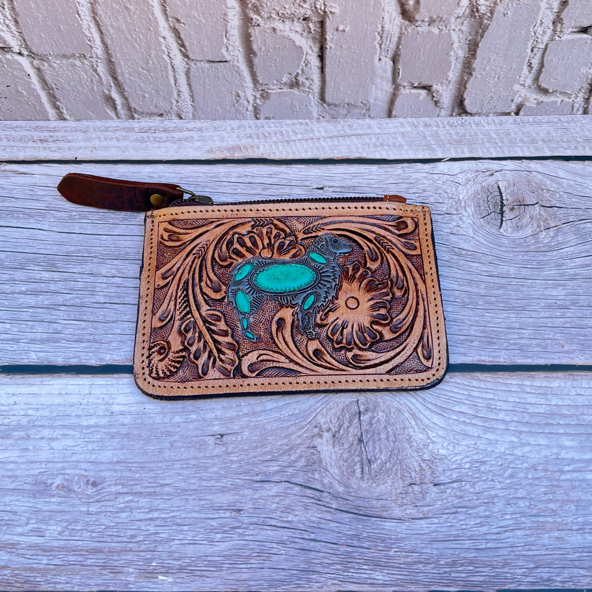 Turquoise Woof Tooled & Cowhide Coin Pouch