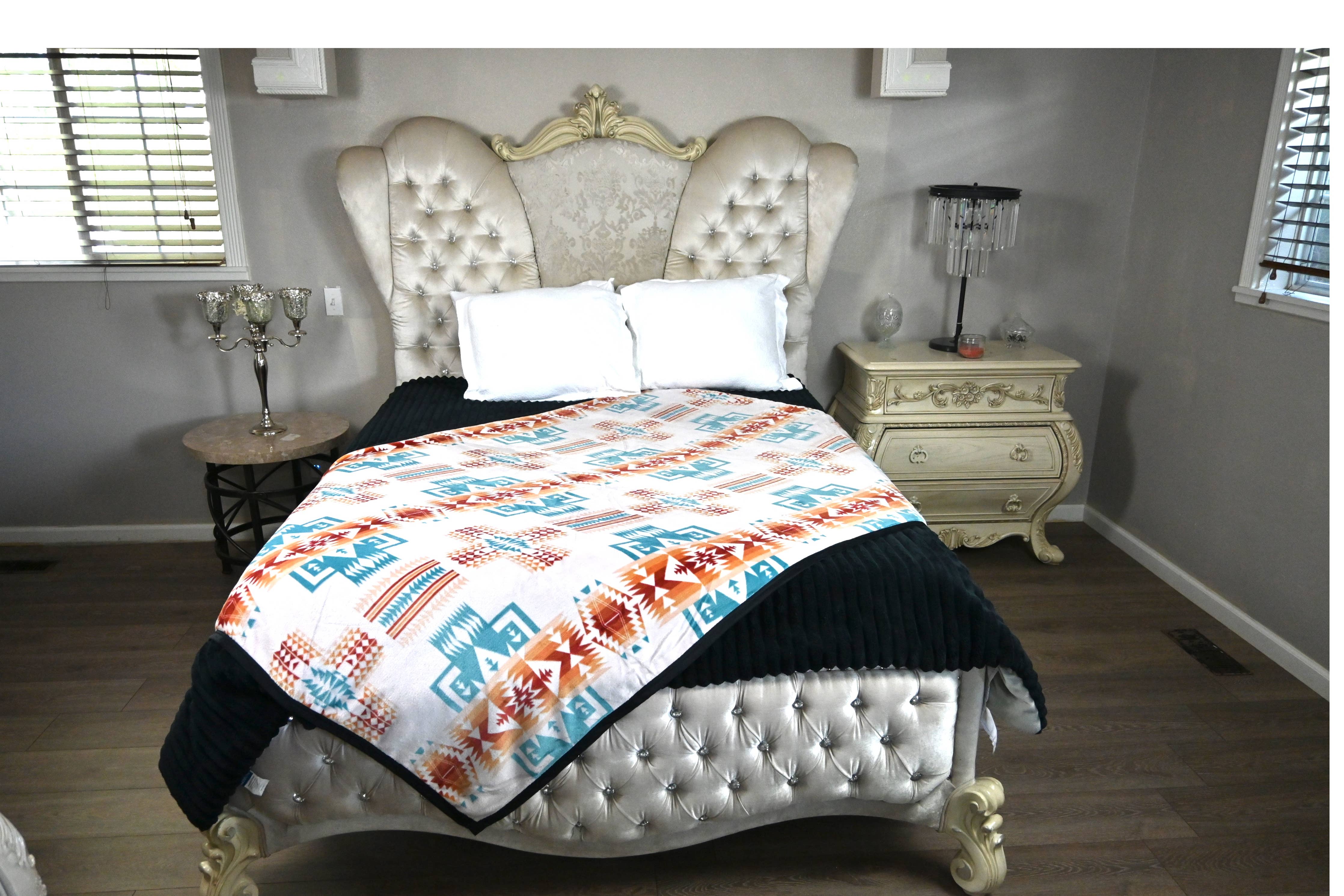 Plush Rock-Star Blanket Full Size Throw- Cream Turquoise