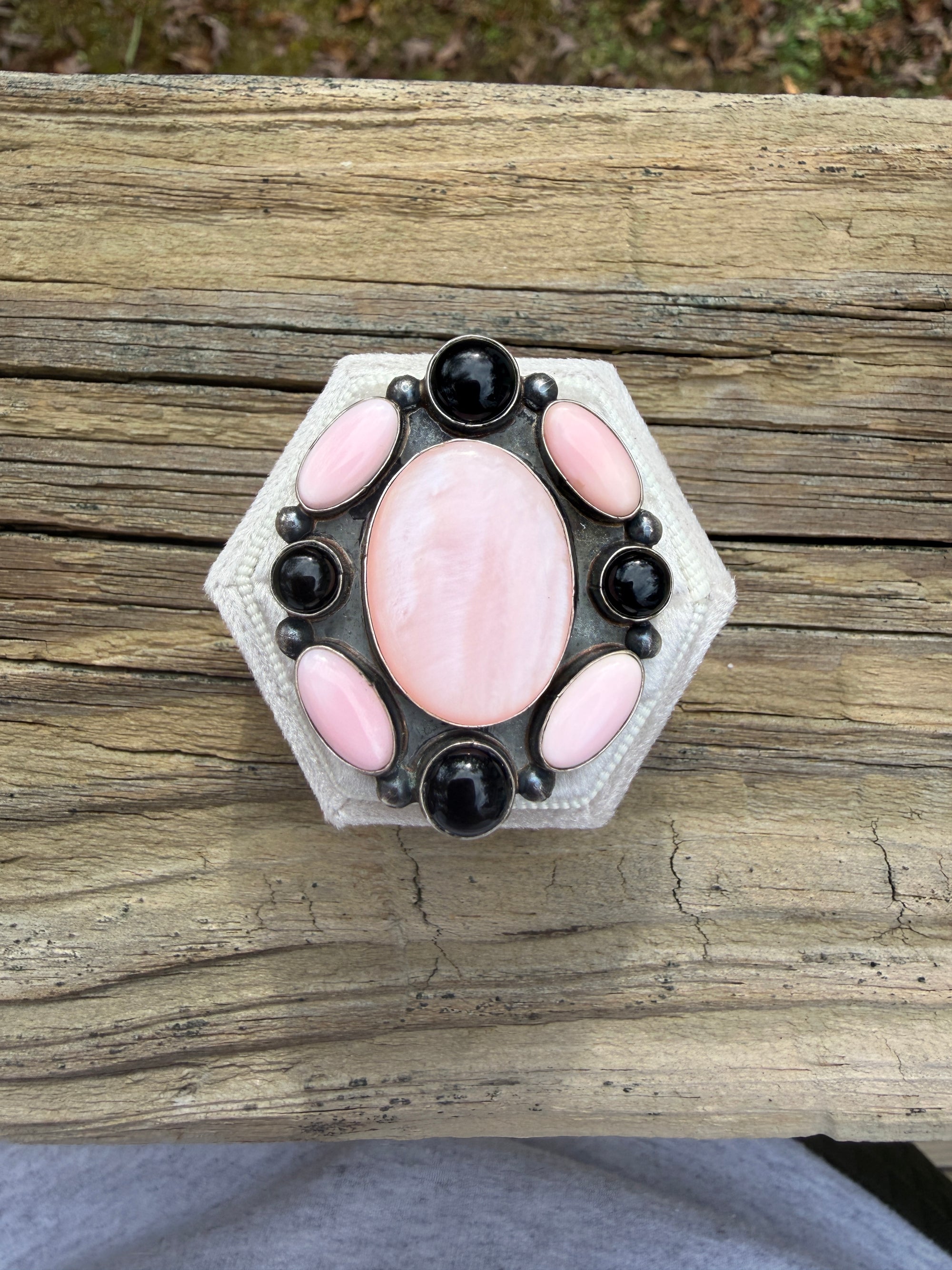 XL Pink Conch & Onyx Statement Ring- Jaqueline Silver Navajo-8