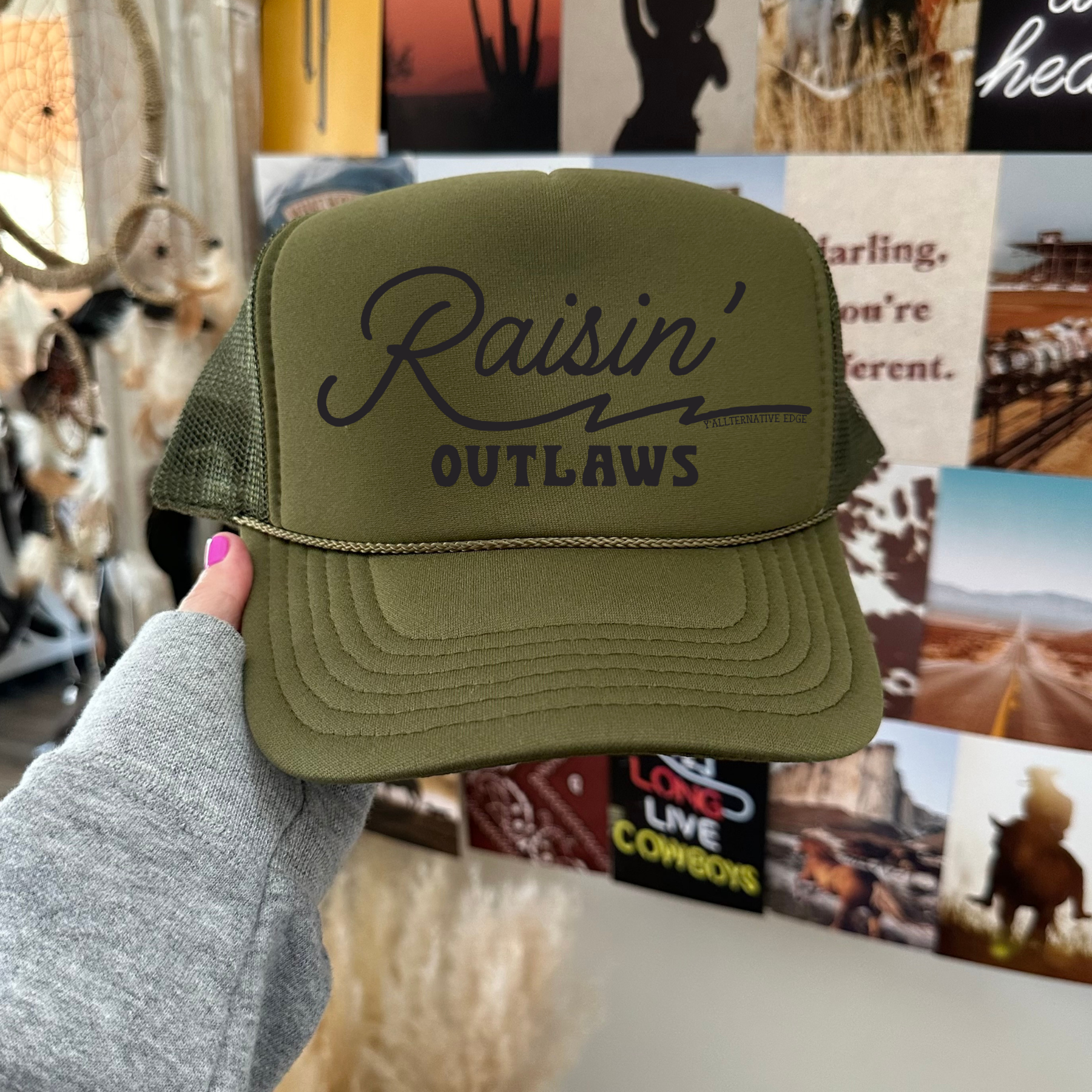 Raisin’ Outlaws Military Green Trucker
