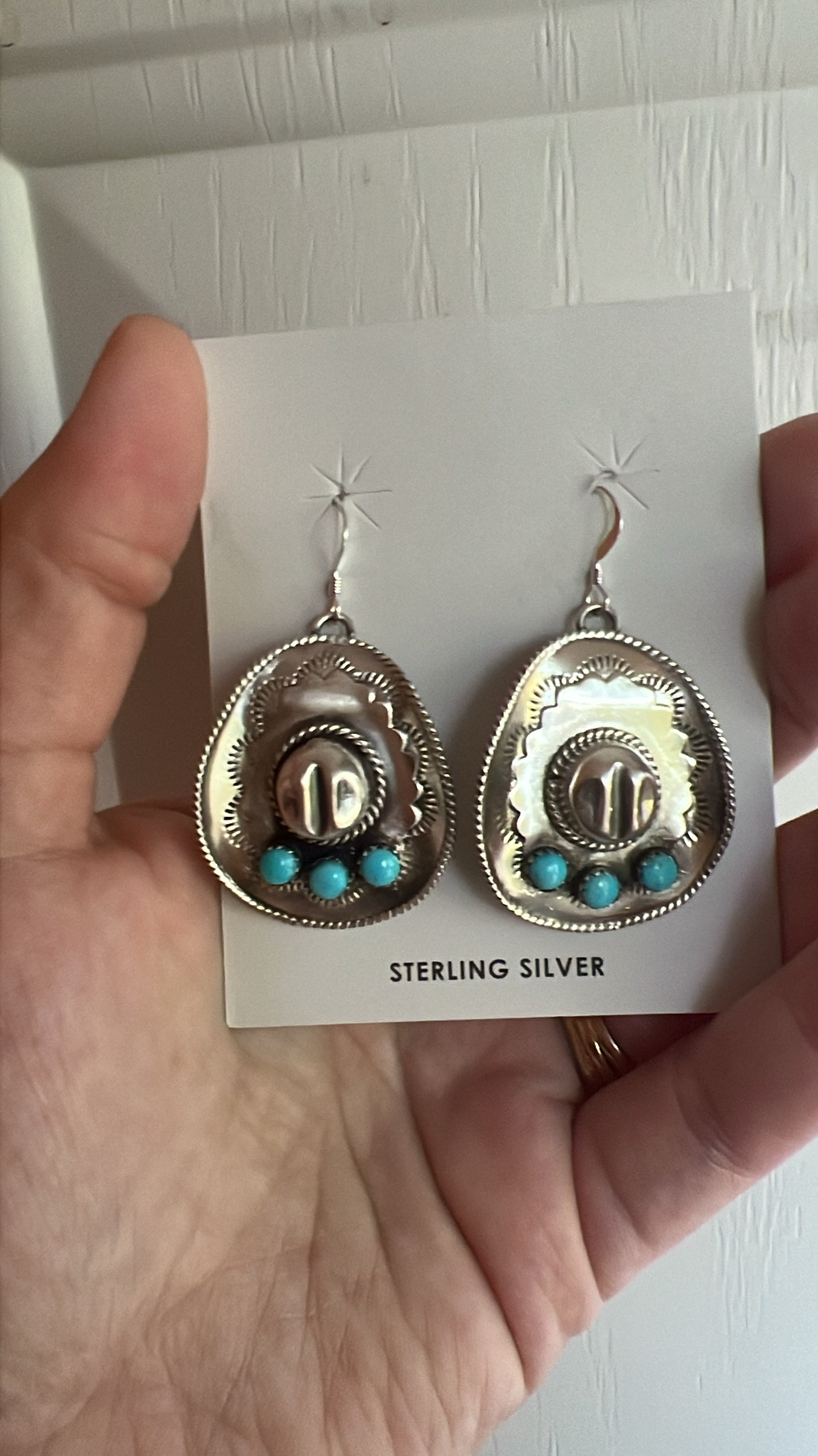 Navajo Handmade Kingman Turquoise Hat Earrings- Bobby Platero- Rare Hanging