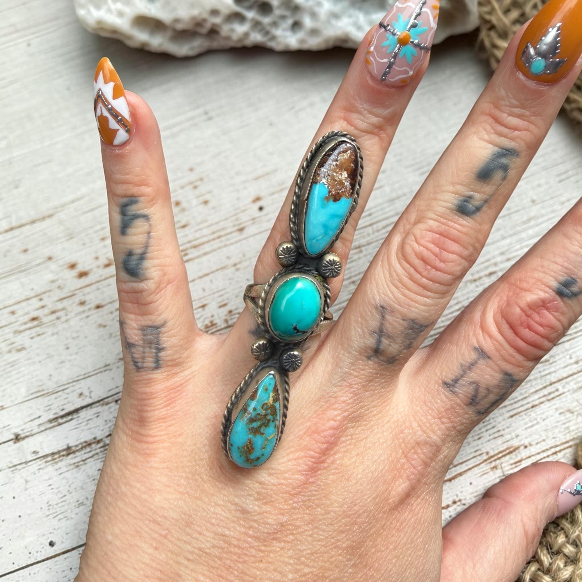 XL Bisbee, Pilot Mountain, And Royston Three Stone Statement Ring- Gilbert Nez, 6