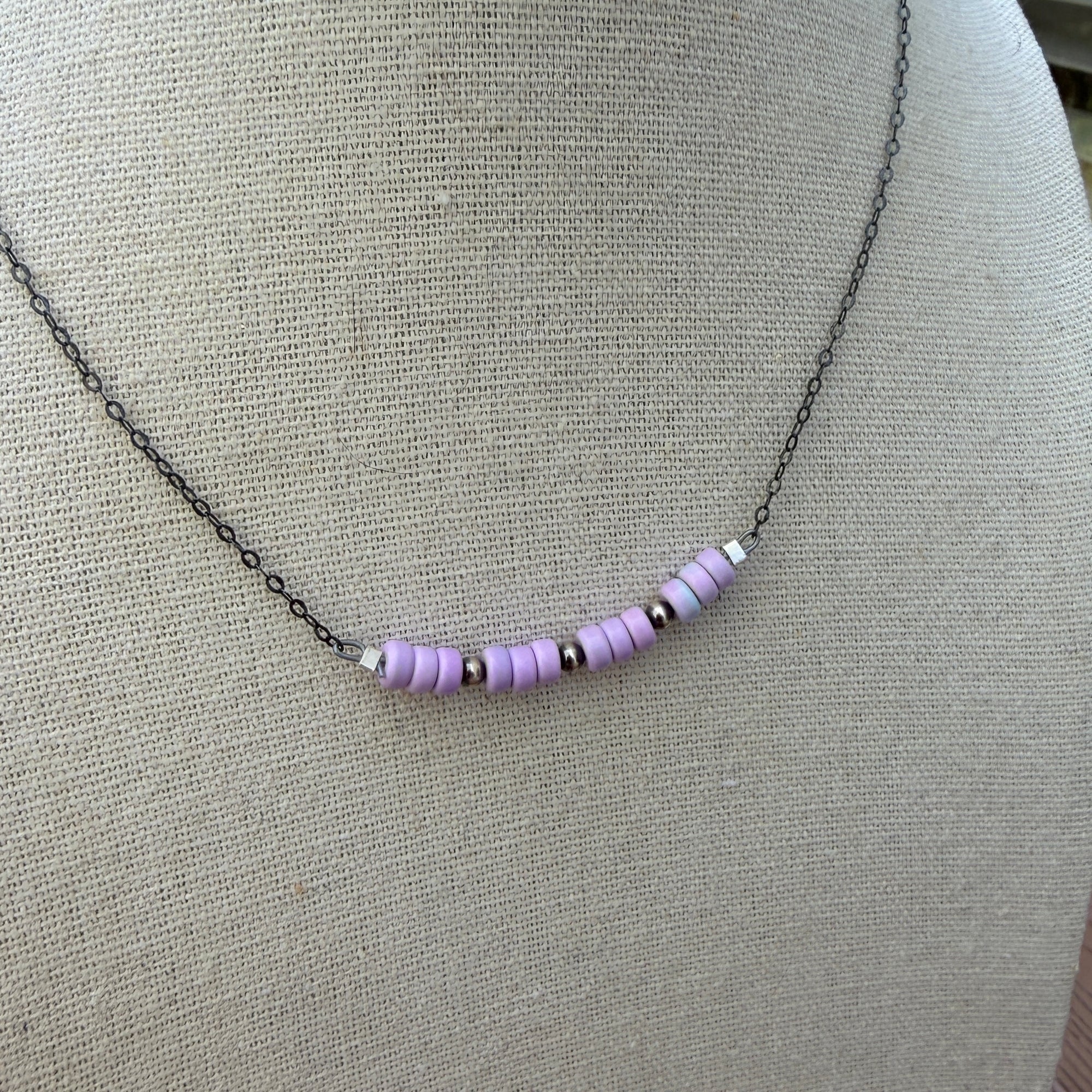 Spring Lavender Mix Magicite 4mm Beads & 3mm Pearls on 18" Oxidized Sterling chain