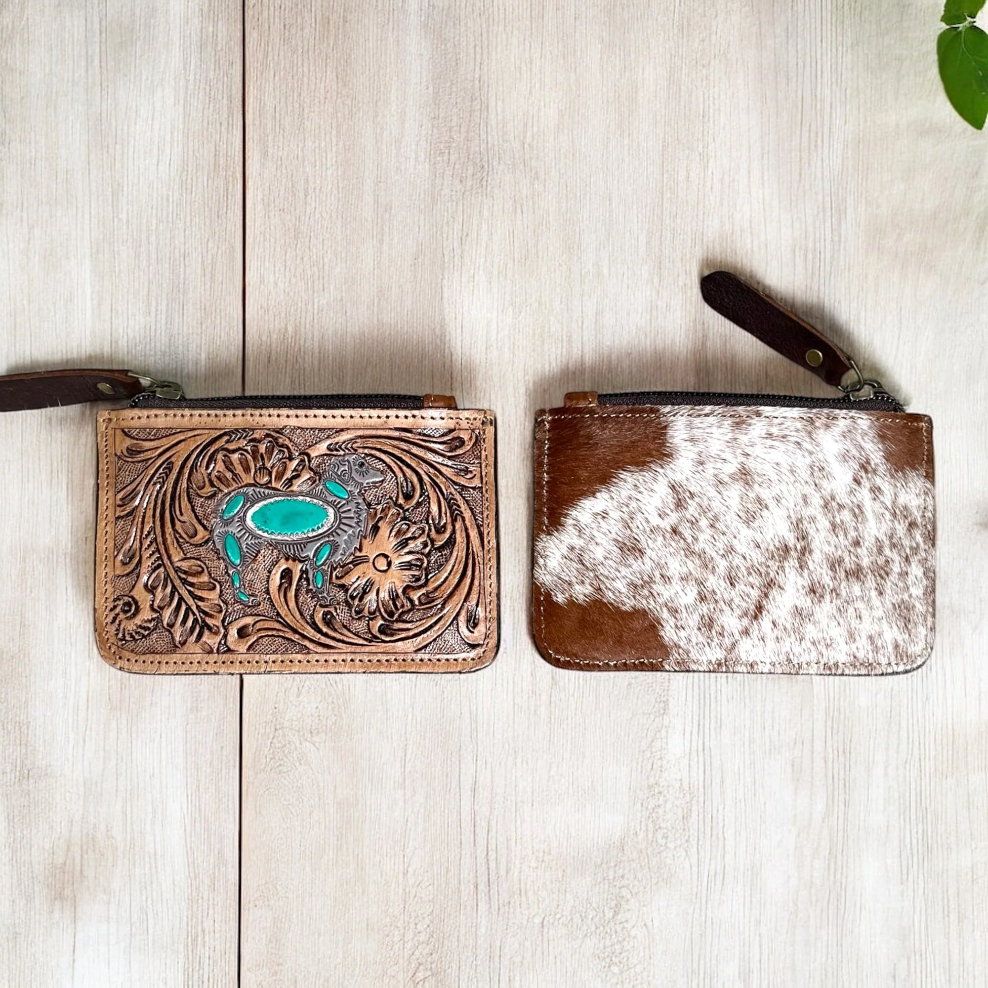 Turquoise Woof Tooled & Cowhide Coin Pouch