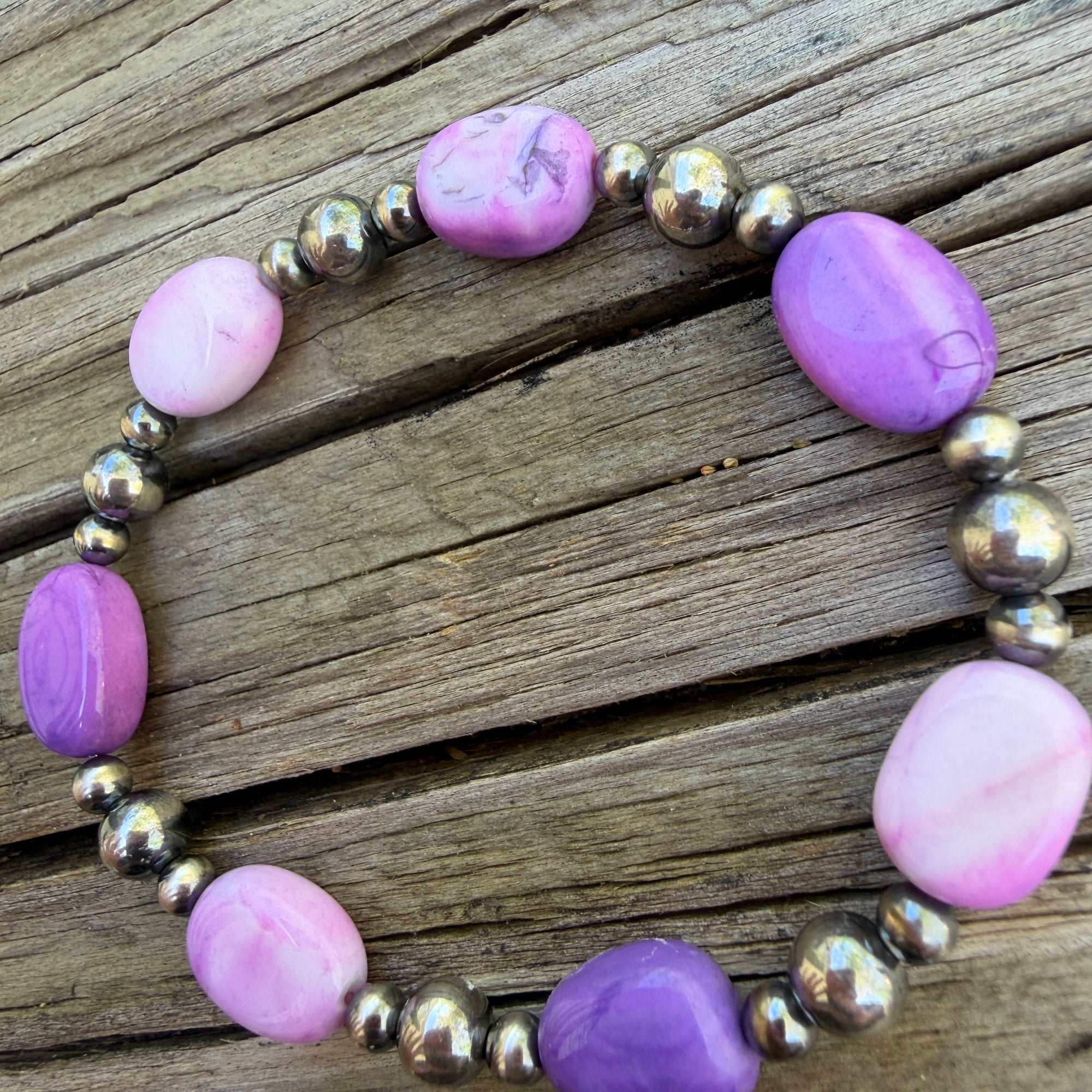 Purple Opal Gem & Sterling Desert Pearl 4-6mm Stretch Bracelet
