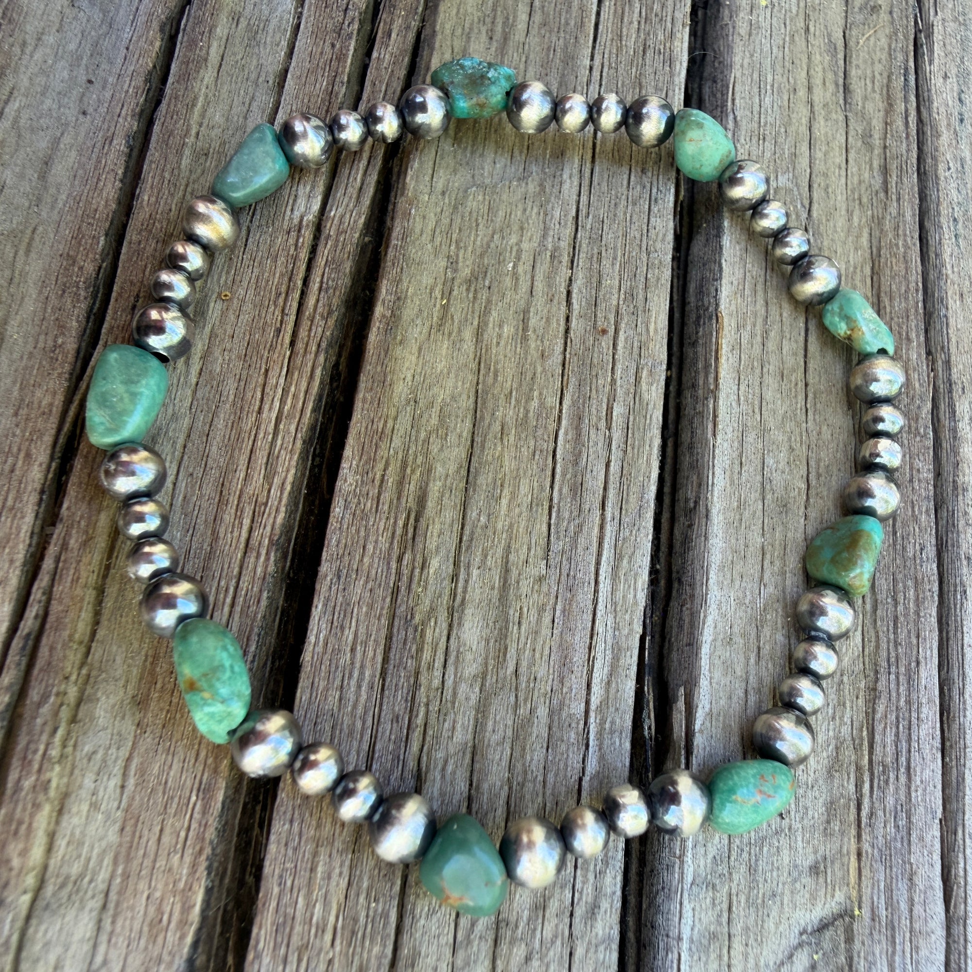 Green Sonoran & 3-4mm Sterling Desert Pearl 6" Stretch Bracelet