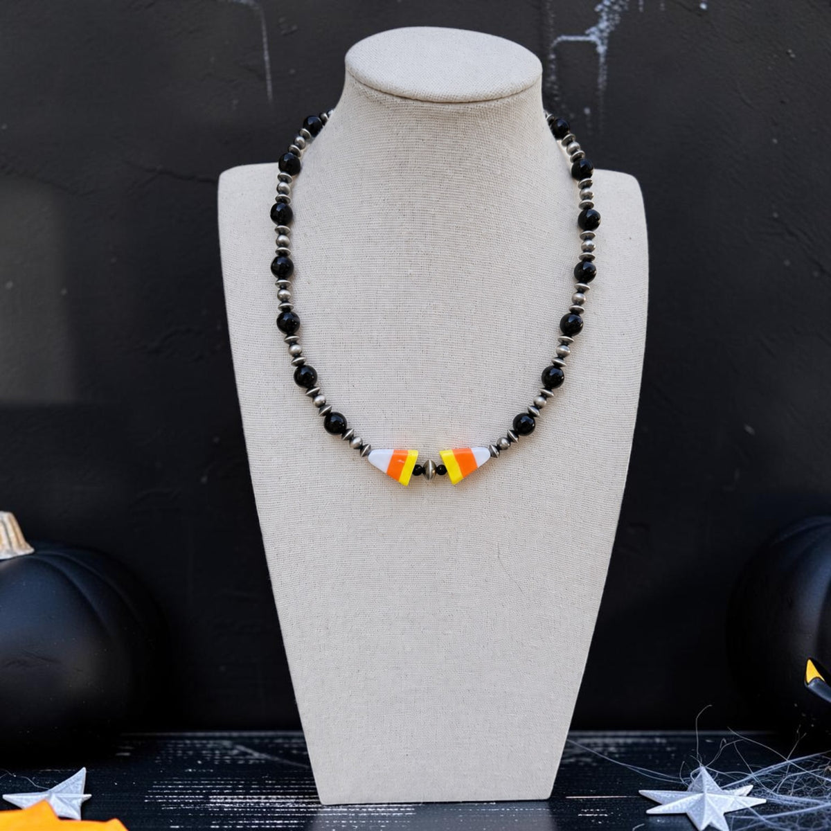 Black Onyx & Candy Corn Necklace — 16.5"