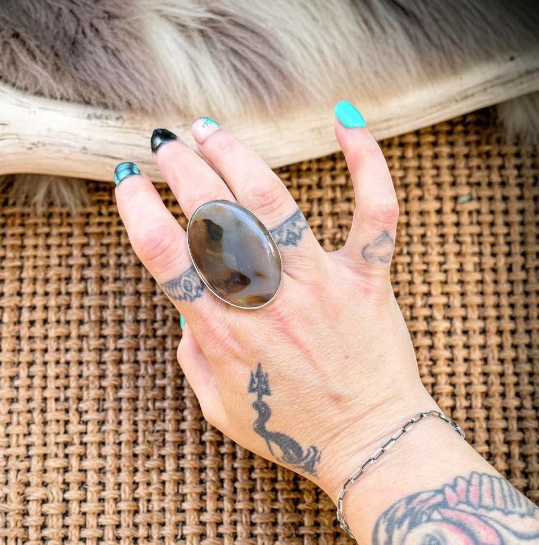 Moss Agate Statement Ring - Size 9 by Clayton Chez Tsosie