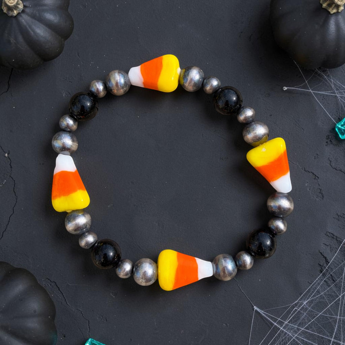 Hand Blown Glass Candy Corn 5-7mm Pearl Stretch Bracelet — 6.25"