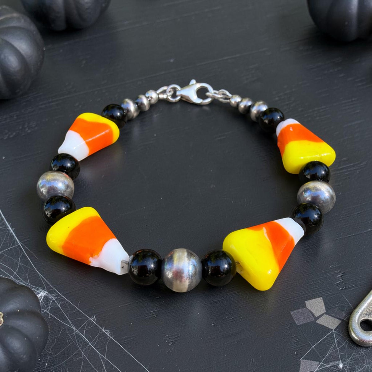 Black Onyx & Glass Candy Corn Clasp Bracelet — 6" + 1.5" Extender