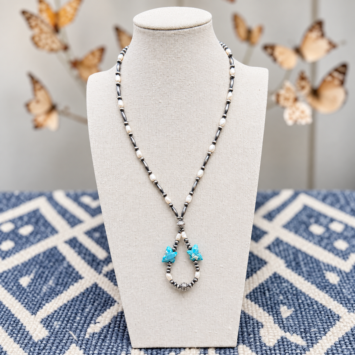 Stampede Freshwater Pearl & White Water Mohave Butterfly Lariat Necklace