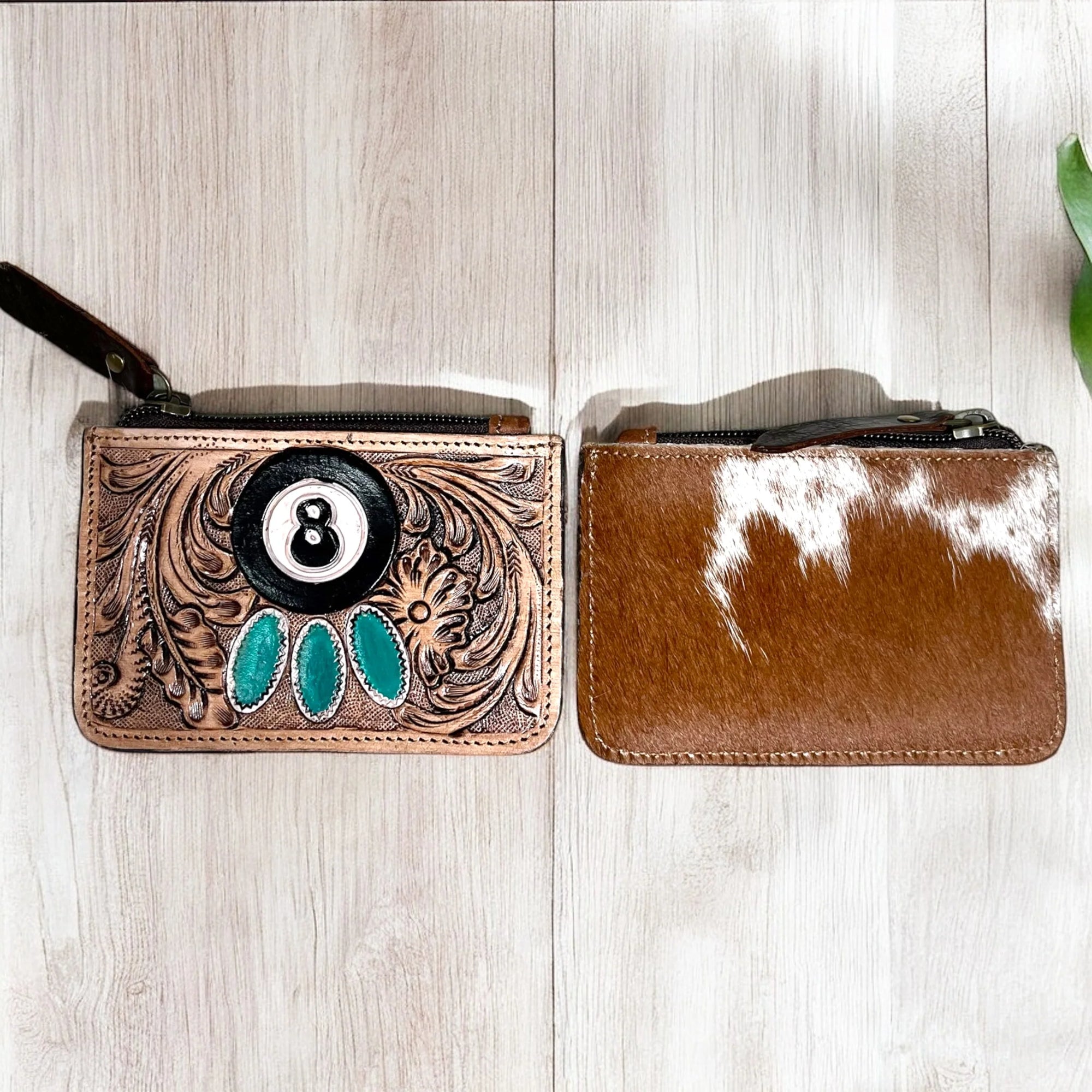 8 Ball Tooled & Cowhide Coin Pouch