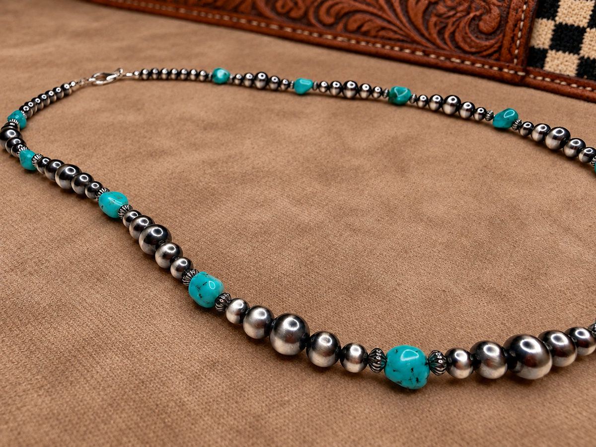 18" Red Skin Turquoise Necklace w/ 4-6mm Sterling Pearls