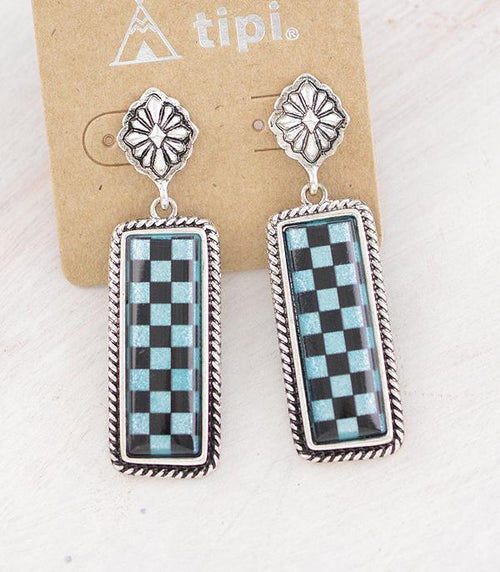 Checkered Bar- Turquoise Shimmer Earrings