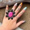 HUGE Hot Pink Opal & Black Diamante Cluster Ring – Size 6 3/4 By Alberta Yazzie