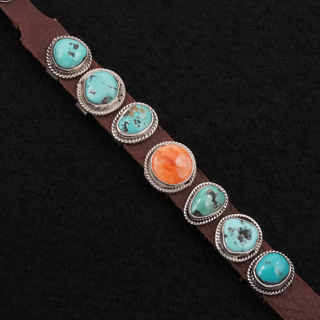 Navajo Silver Leather Turquoise and Spiny Oyster Buckle Bracelet