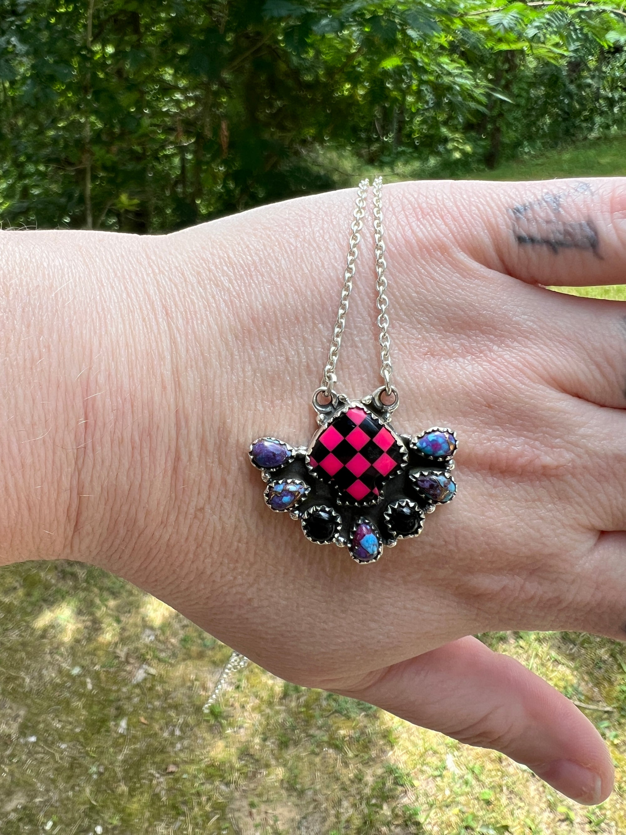 ♠️ Hot Pink & Black Onyx Spade Necklace with Mohave Purple Accents ♠️