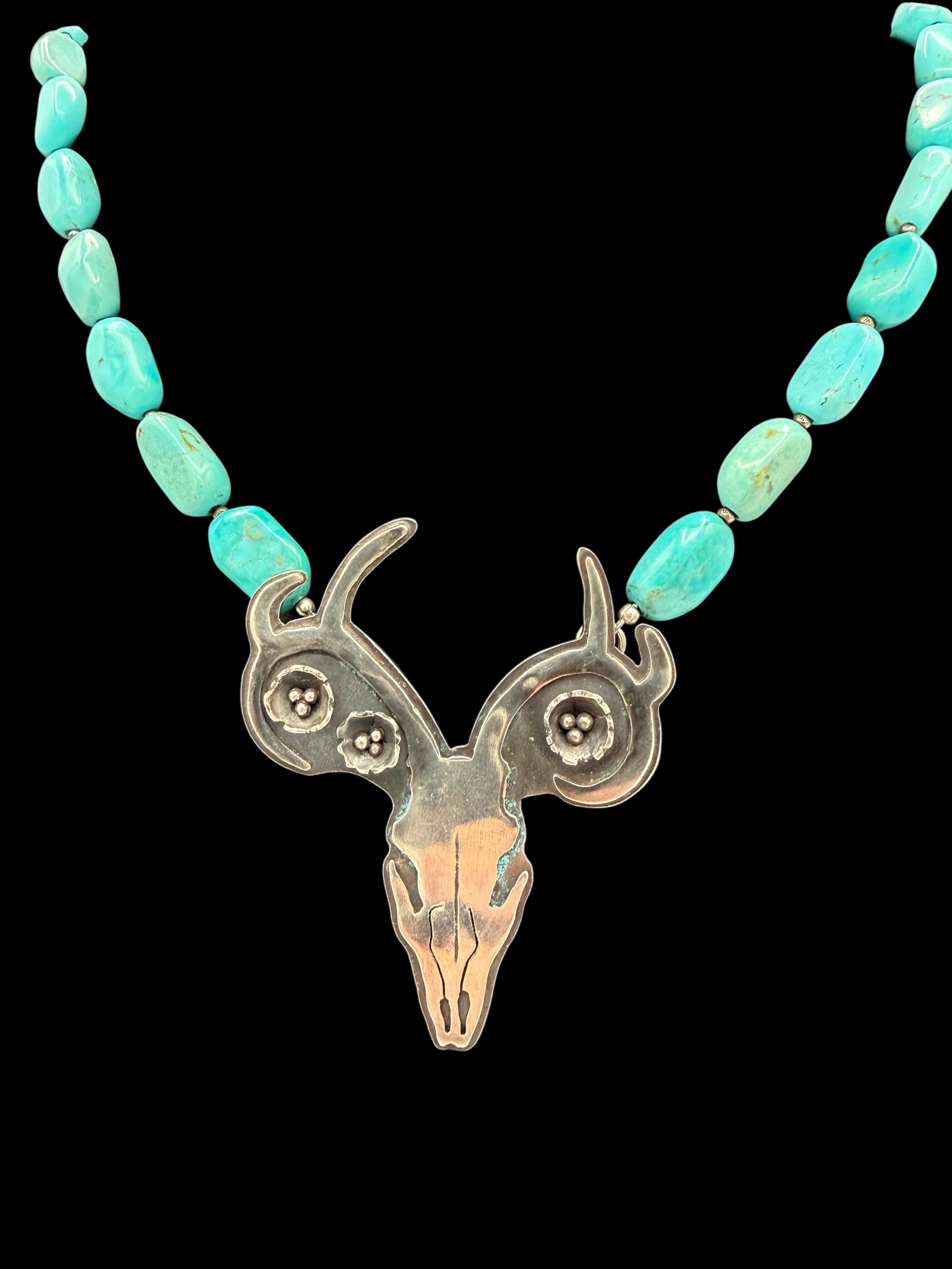Dana Stetson Jewelry & Metalworks – Kingman Turquoise Squash Blossom Skull Necklace