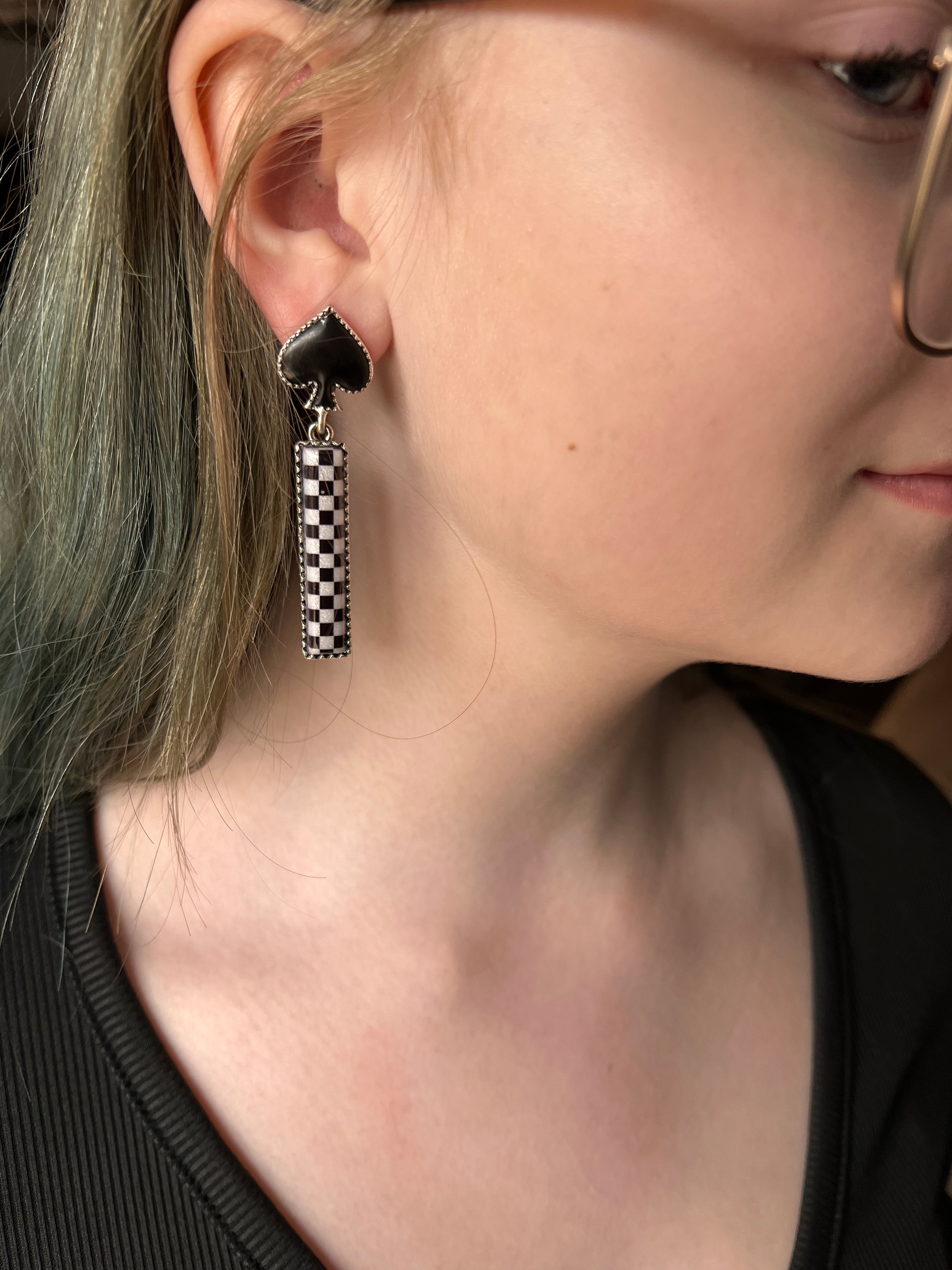 Black Spade Checkered Earring Bars