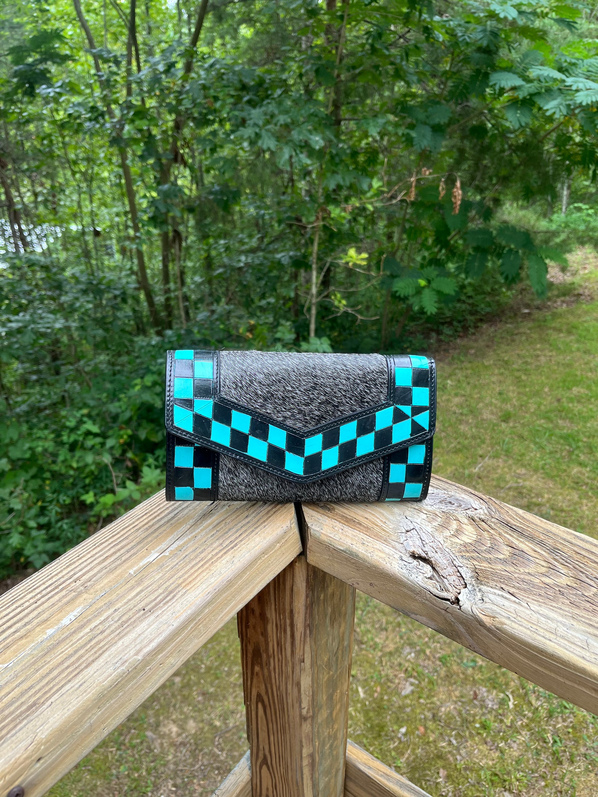 Check It Turquoise Tooled Leather & Hair on Hide Large Wallet