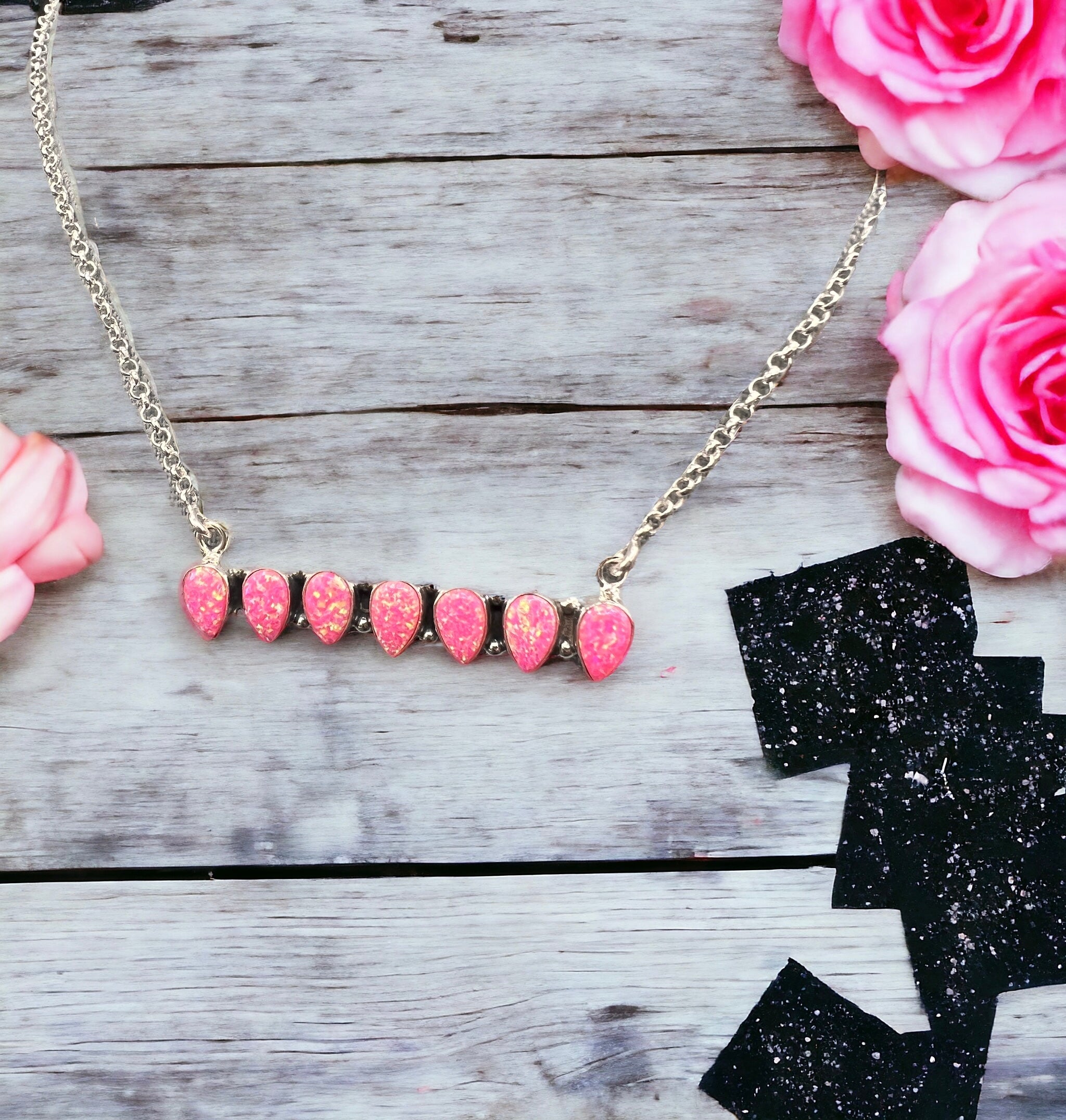 Set the Bar High Sterling Silver & Hot Pink Opal Necklace