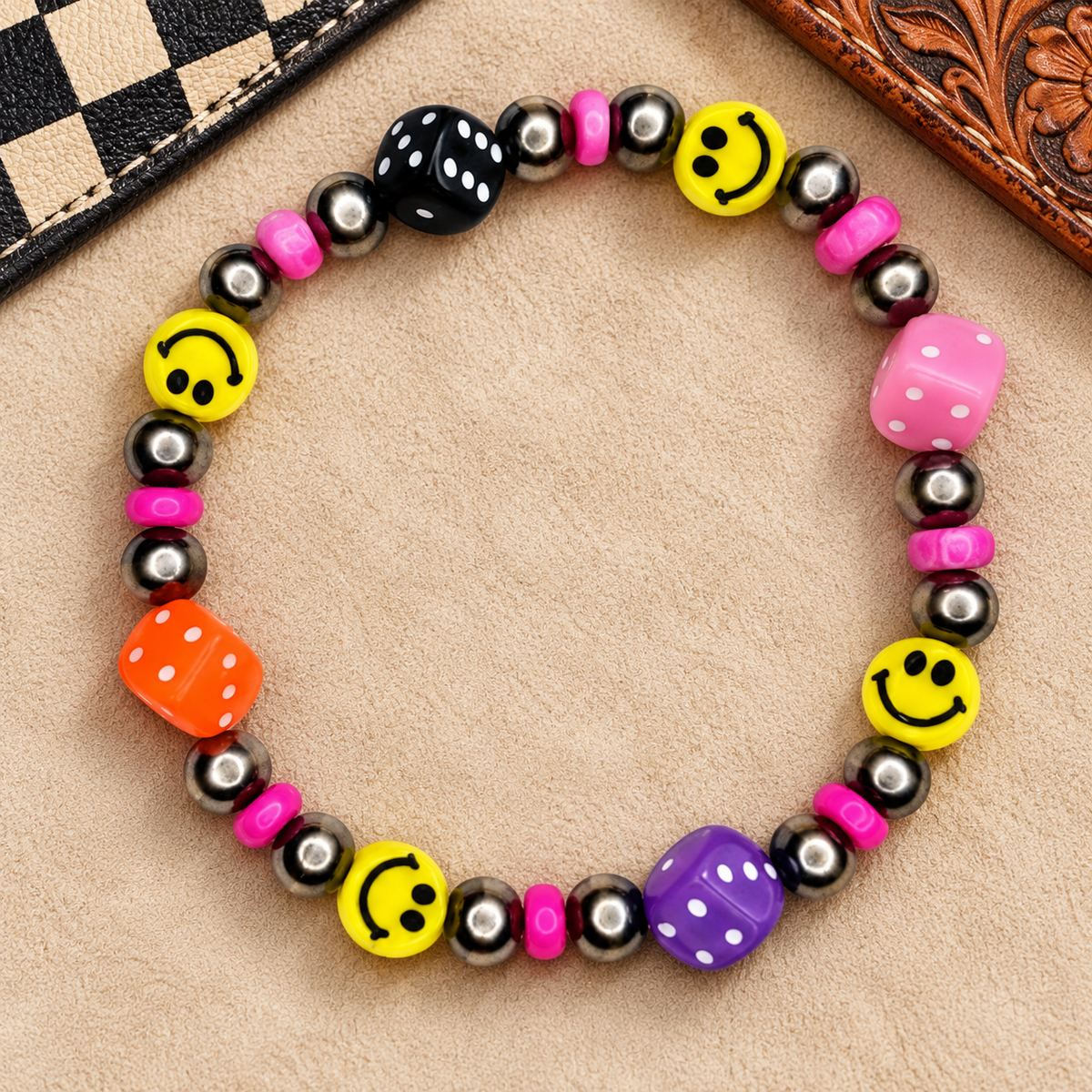 6.25" Dice& Smiley Stretch Bracelet w/ 6mm Pearls
