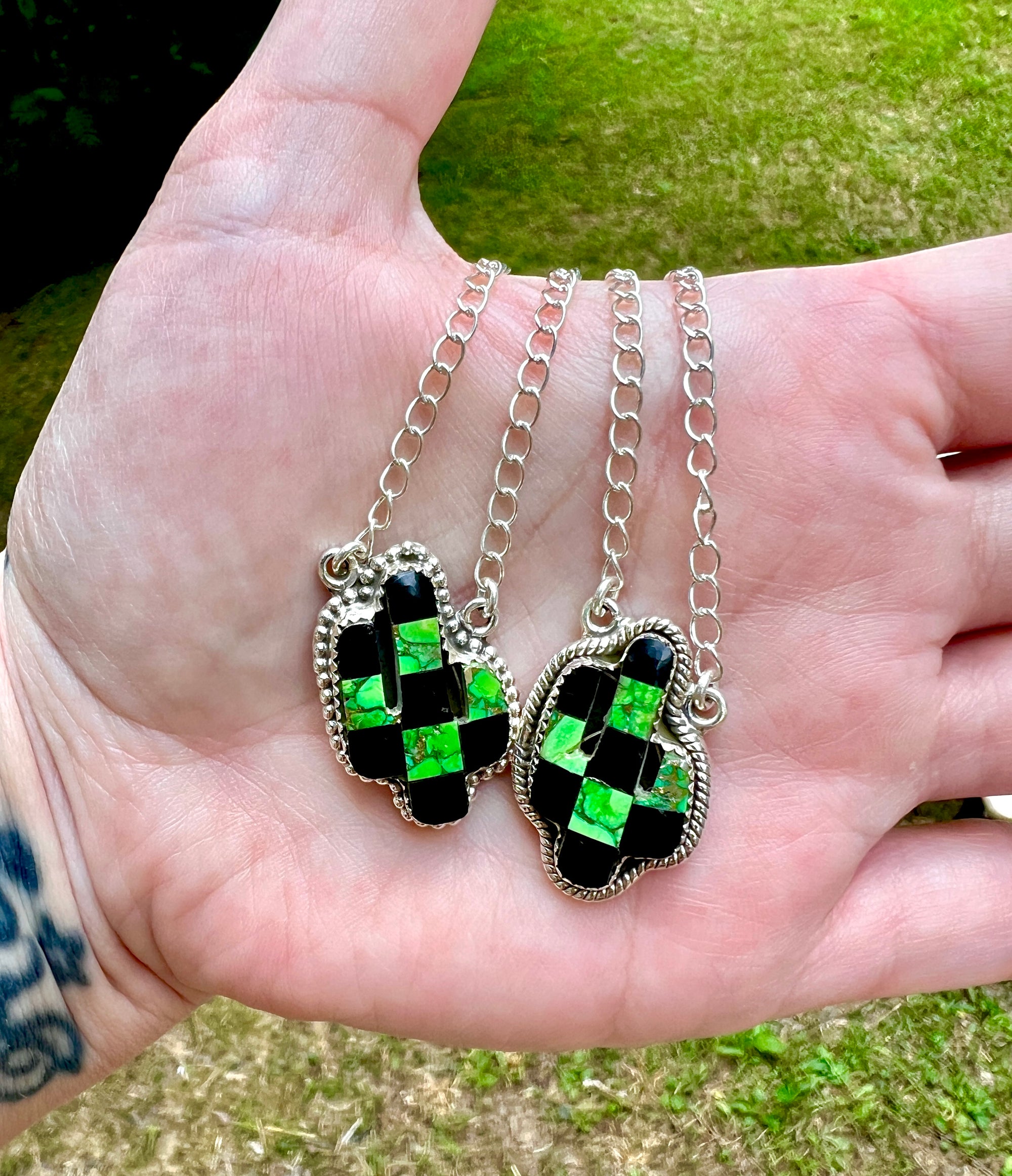 Green Mohave Turquoise & Onyx Sterling Silver Cactus Necklace 🌵✨