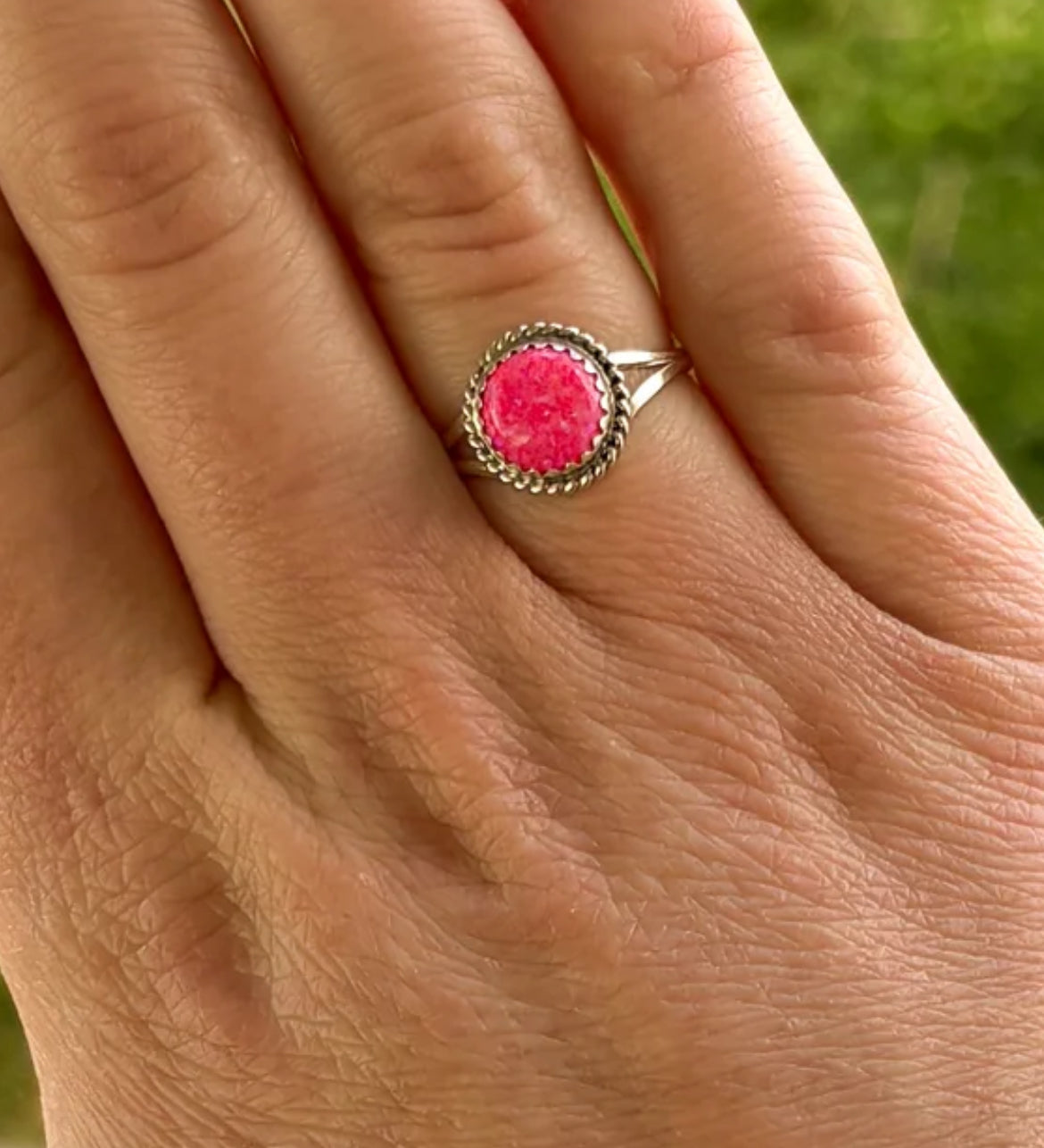 Navajo Handmade Hot Pink Fire Opal Ring - Esther Whit